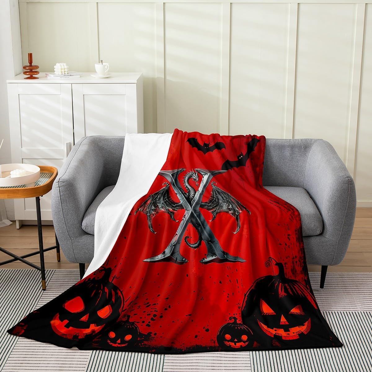 Erosebridal Gothic Dragon Flannel Blanket Halloween Bats Pumpkin Fleece Blanket 90"x90" | Personalized Initial Letter X Monogrammed Magical Animal Fuzzy Plush Throw