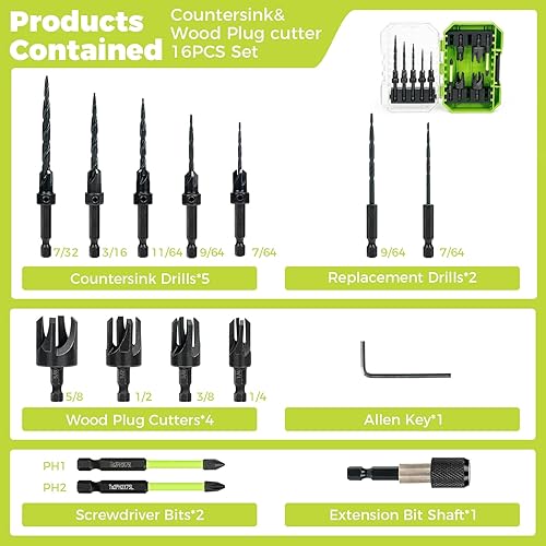 Miniatura 2 de Juego de brocas avellanadas, 16 piezas M2 cobalto HSS juego de herramientas de carpintería, brocas cónicas de profundidad ajustable con 4 cortadores