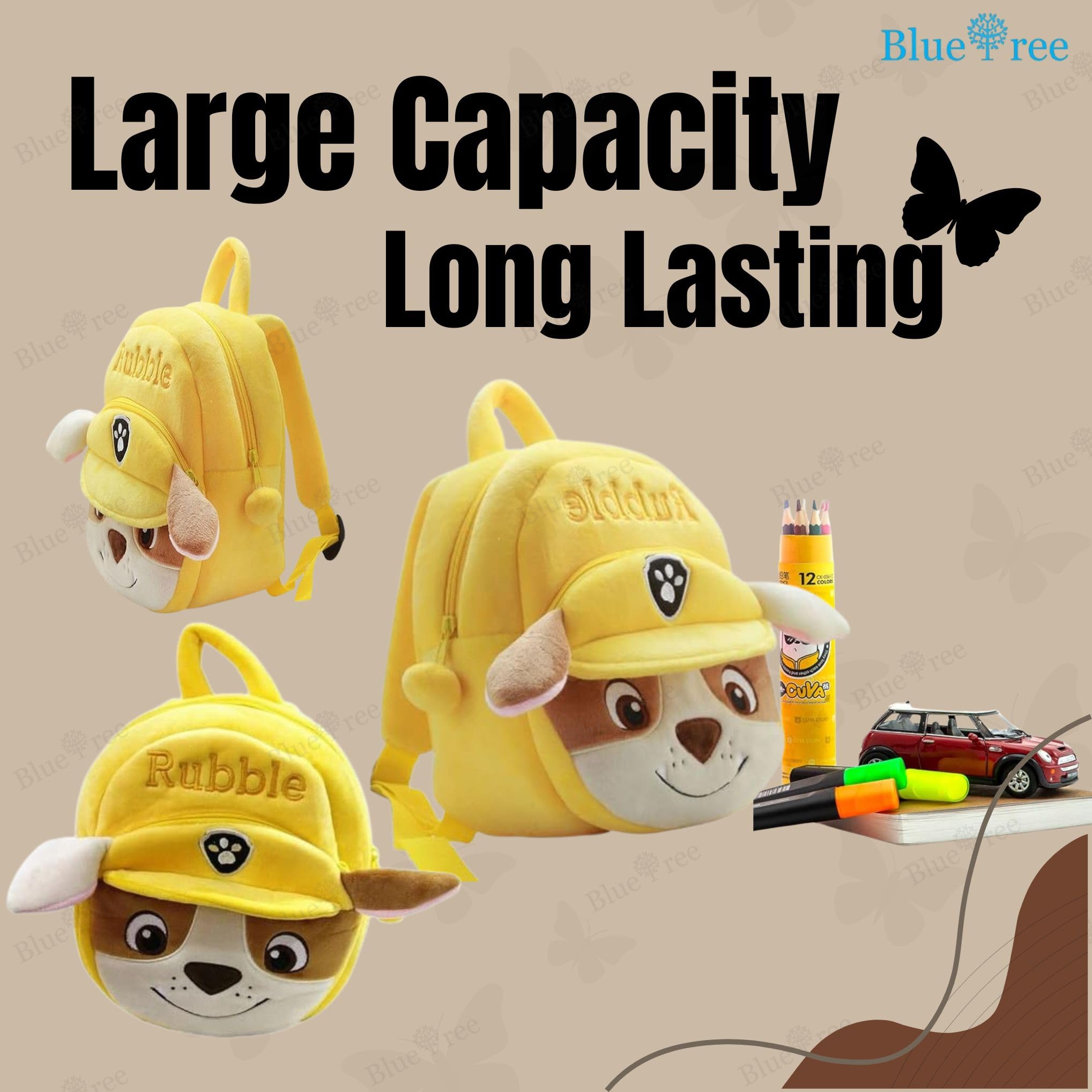 blue tree School Bag for Cute Kids for (1-5 Years), Preschool Soft Plush Yellow Rubble Unicorn Bag for toddlers, Mini Cartoon Backpack for Girls 3