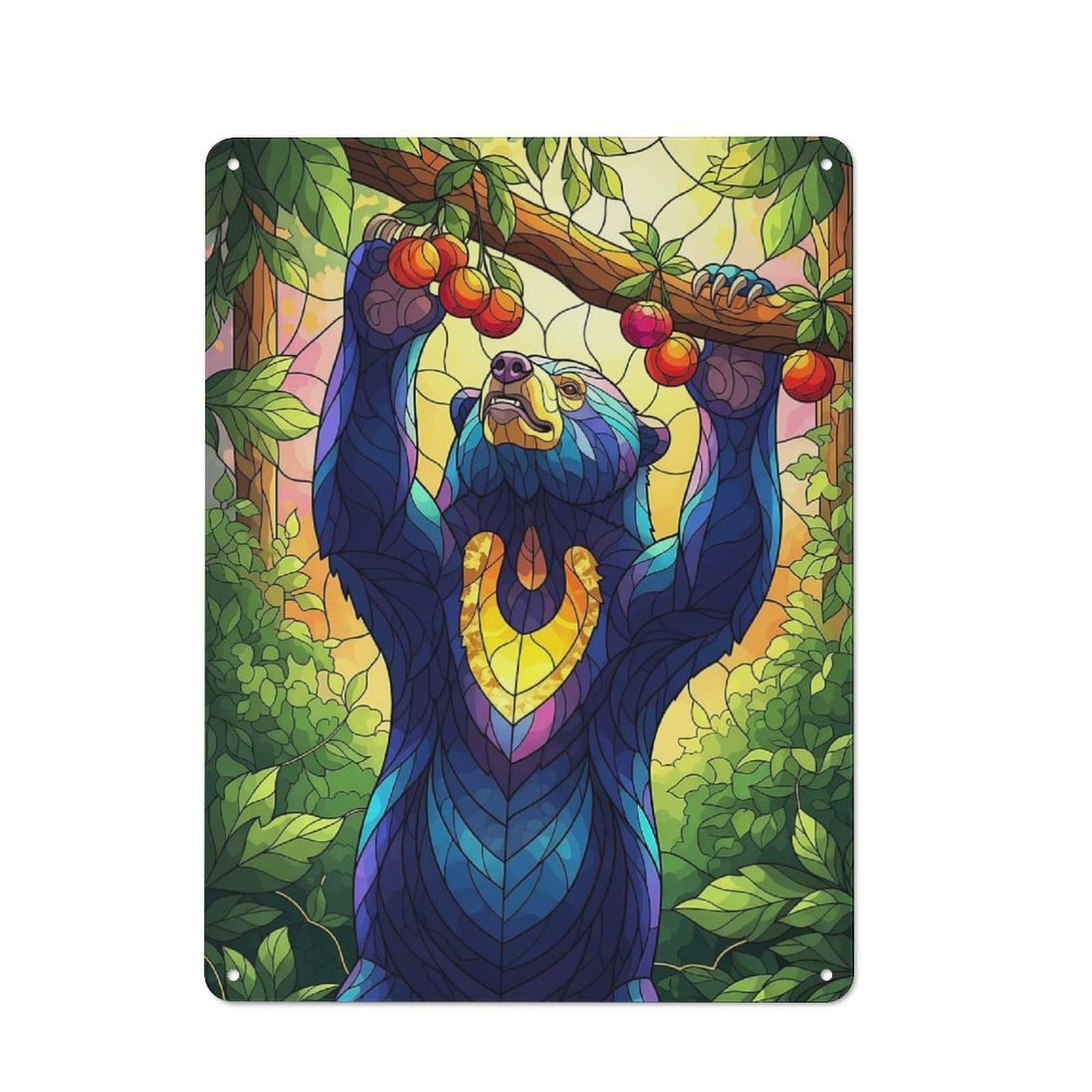Junmoney Stained Glass Style Bear Reaching Fruit Rustic Tin Sign 40X30cm, Garden Style Garden Room Wall Plaque For Conservatory, Home Bar Or Utility Room