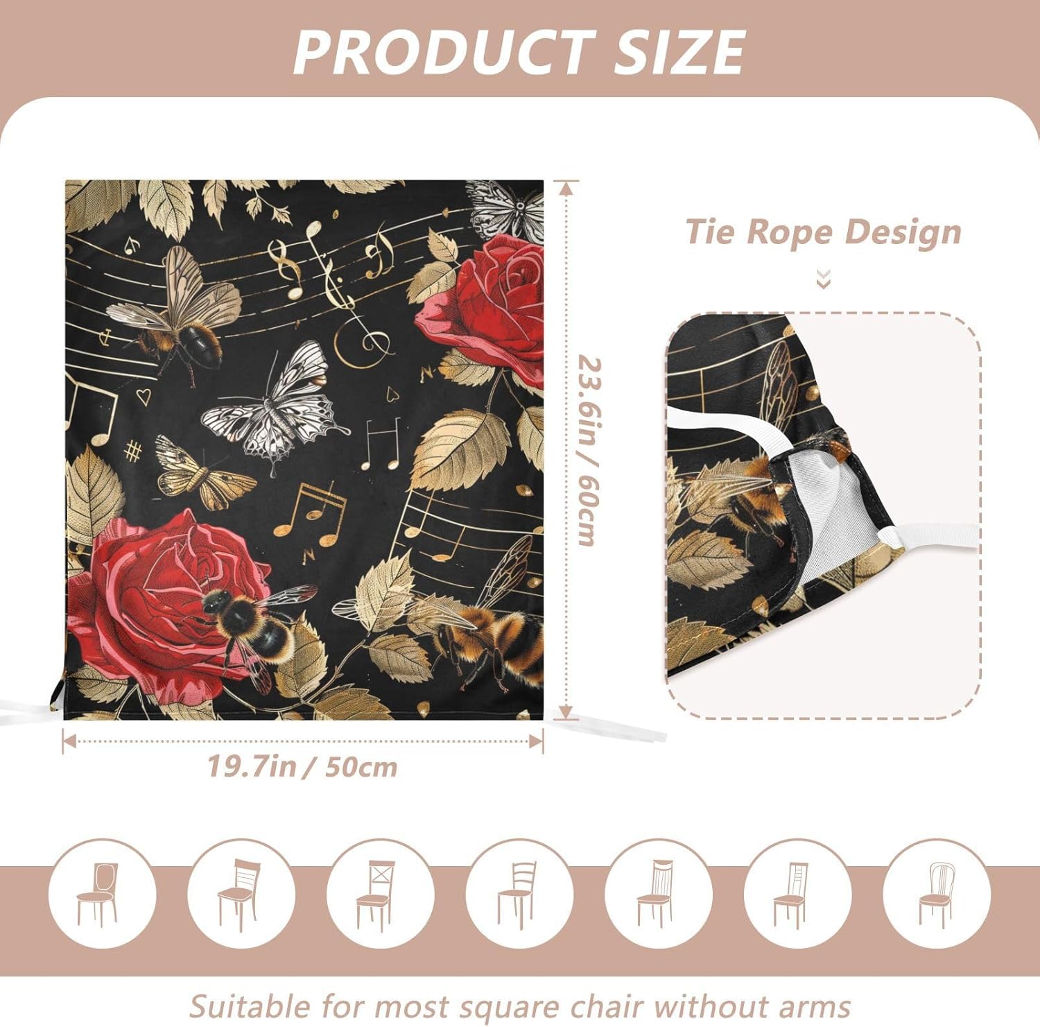 ALAZA Bee Butterfly Rose Music Notes Chair Back Cover Set of 6, Washable Reusable Removable Chair Slipcovers Decorative Chair Cover for Home Kitchen Wedding Party