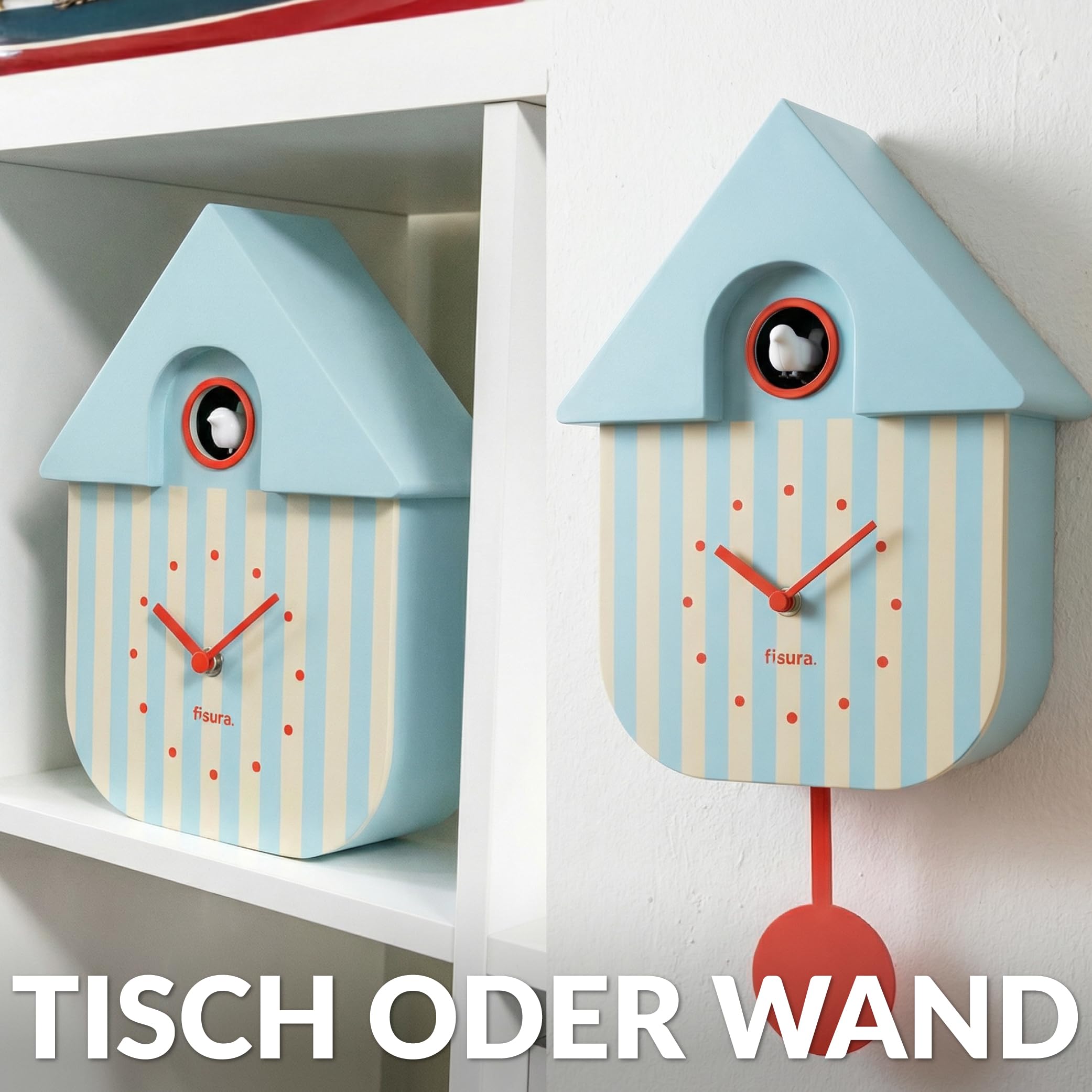 Fisura Kuckucksuhr mit Streifen in Blau und Beige mit rotem Zifferblatt, originelle Wanduhr, Beige und Blau, Dekoration als Geschenk, 3 AA-Batterien Nicht im Lieferumfang enthalten, Maße: 21,5 x 8 x | Moderne Wanduhr, Geschenkdekoration, 3 x AA-Batterien