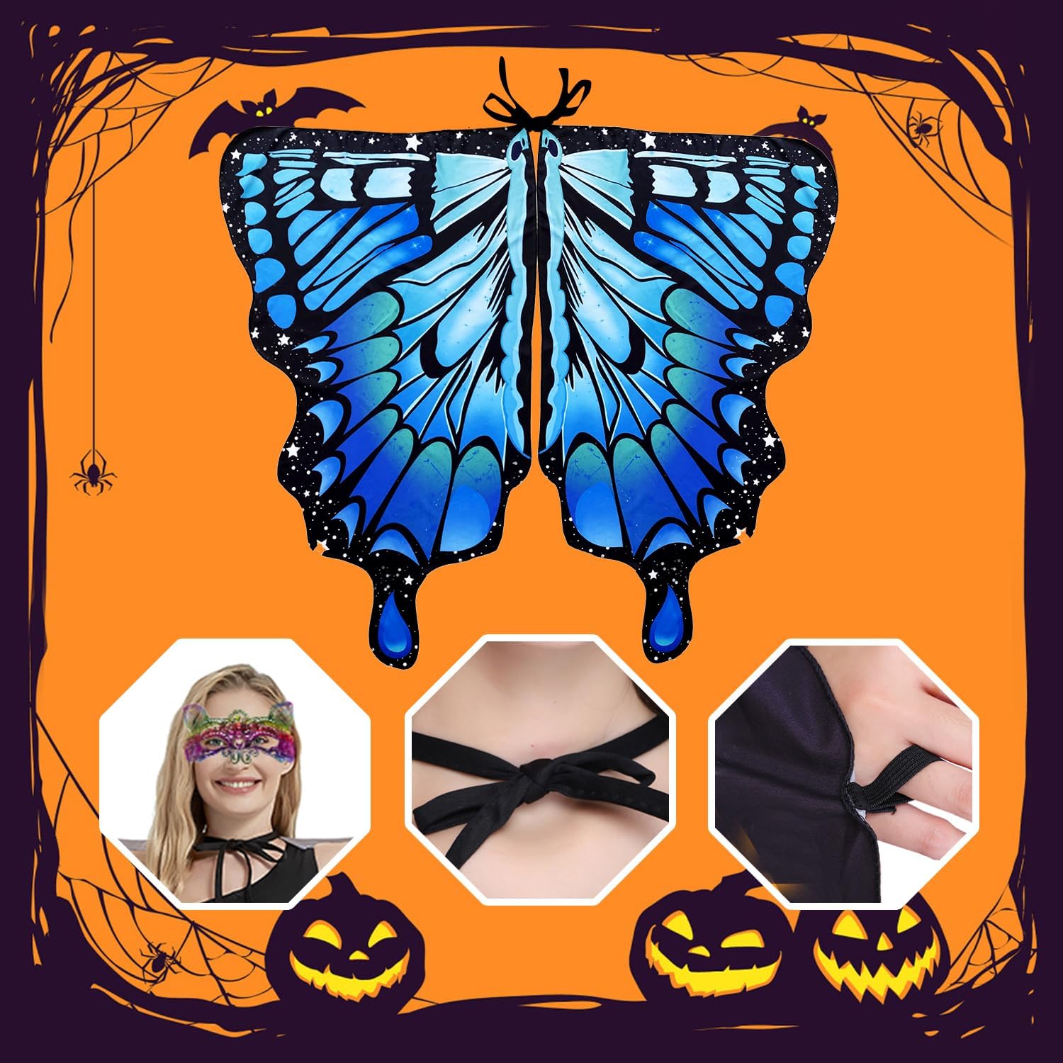 Butterfly Costume for Women, Adult Butterfly Wings Halloween Party Costume with Lace Mask and Antenna Headband - Image 3
