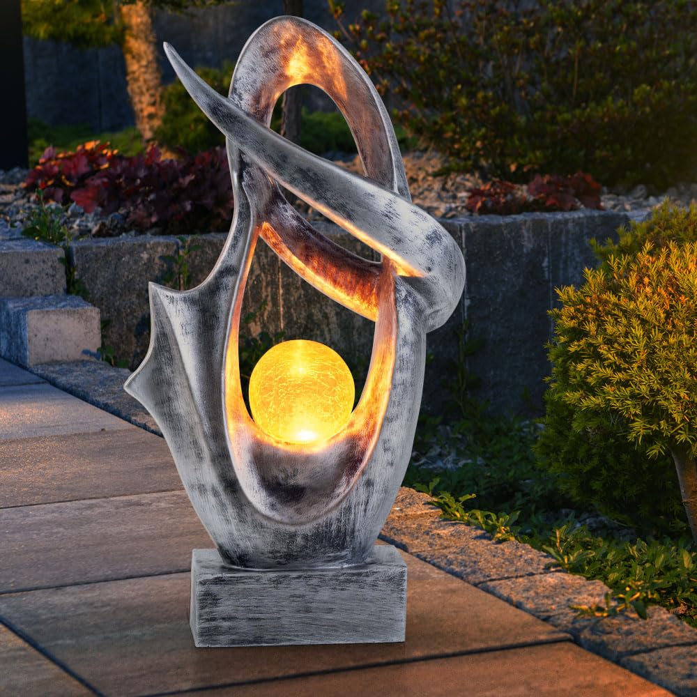 GLOBO Solarlampe für Außen Garten Deko Terrassen Lampe Außen Boden Solar Lampe Outdoor stehend, mit Feuereffekt, Skulptur silber, Crackle Glaskugel, 1x LED 3000K, BxH 25,5x45 cm