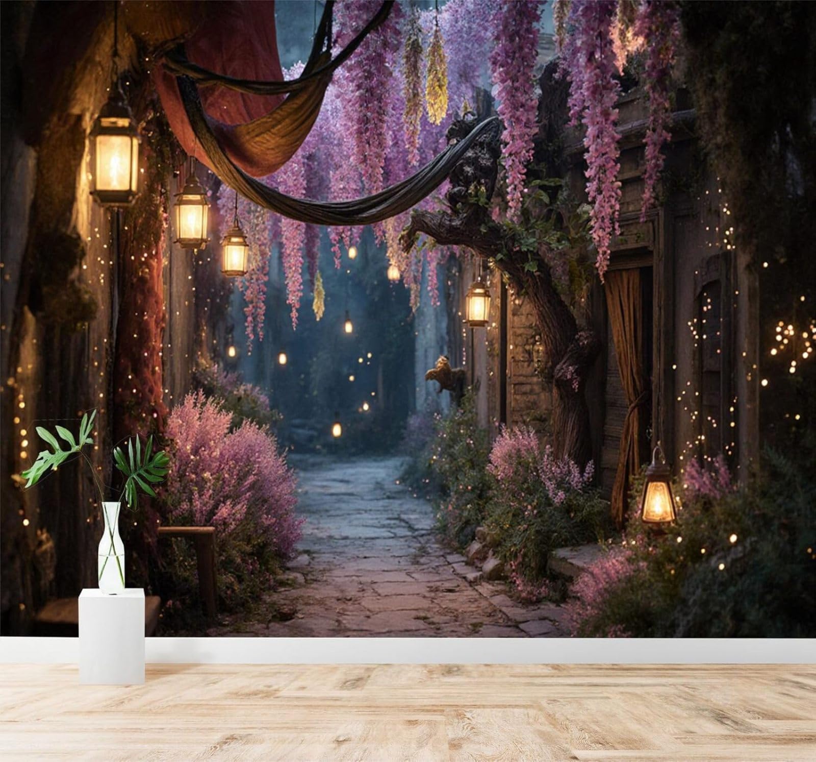 XLMING Vintage Architecture Lanterns Purple Flowers Night Scene 3D Wallpaper Silky Texture Home Study Office Grey Dining Room Sofa Bedroom Living Room TV Backdrop-250cm×170cm