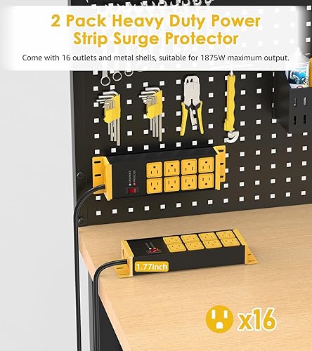 Miniatura 2 de HHSOET Paquete de 2 regletas de alimentación resistentes, 8 tomacorrientes, tira de enchufe de pared de metal 4800J, protector contra