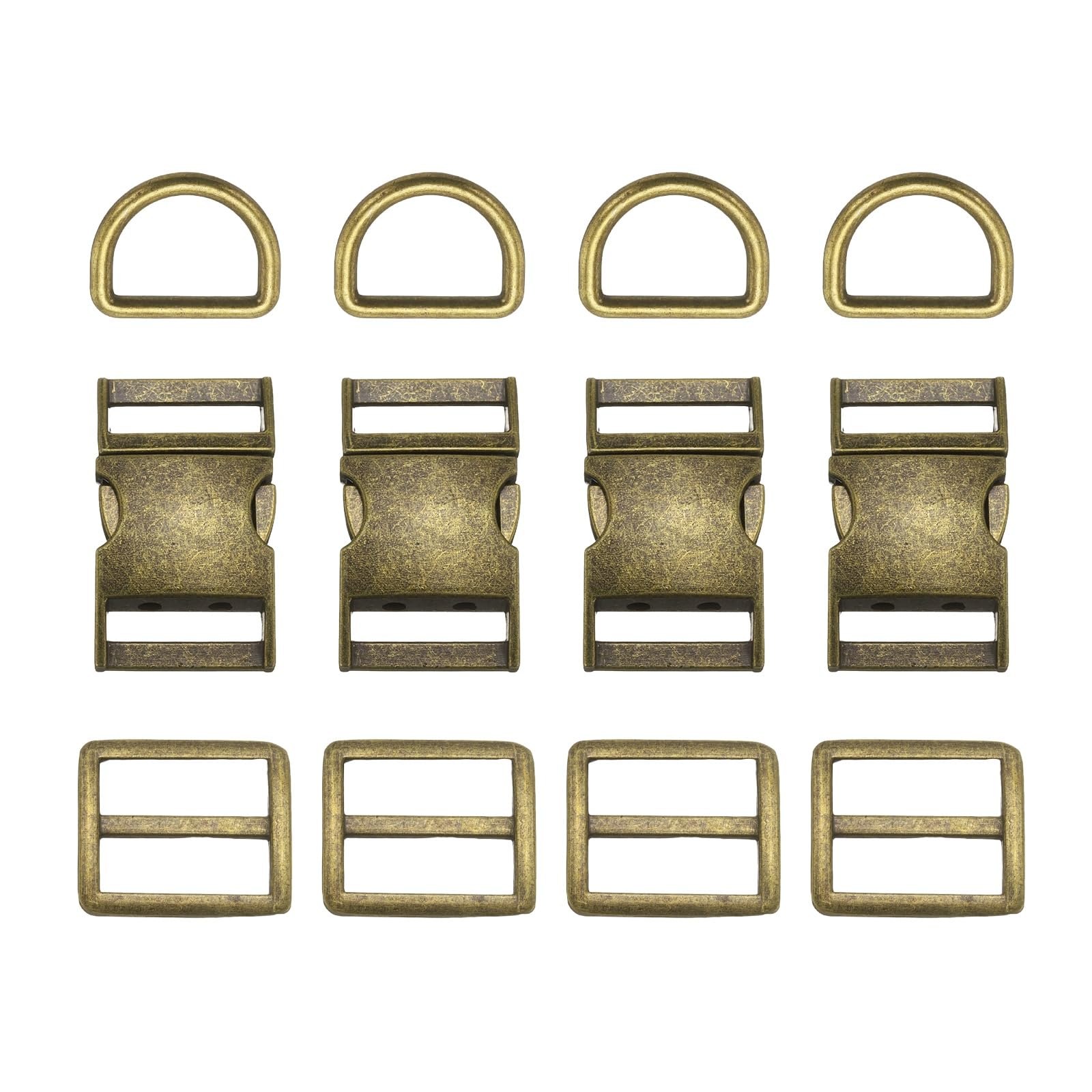 sourcing map 4 Sets Metal Side Release Buckles 15mm/ 5/8" Adjustable Quick Release Buckle Hook Clip with Tri-Glide Sliders D Rings for Strap Backpack Webbing Craft Dog Collars, Aged Bronze