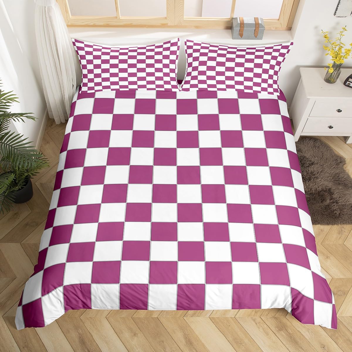 Girls Purple Checkered Bedding Set White Lavender Buffalo Plaid Grid Comforter Cover Double,Checkerboard Duvet Cover For Kids Teen Women Geometrical Gingham Bed Set Modern Room Decor