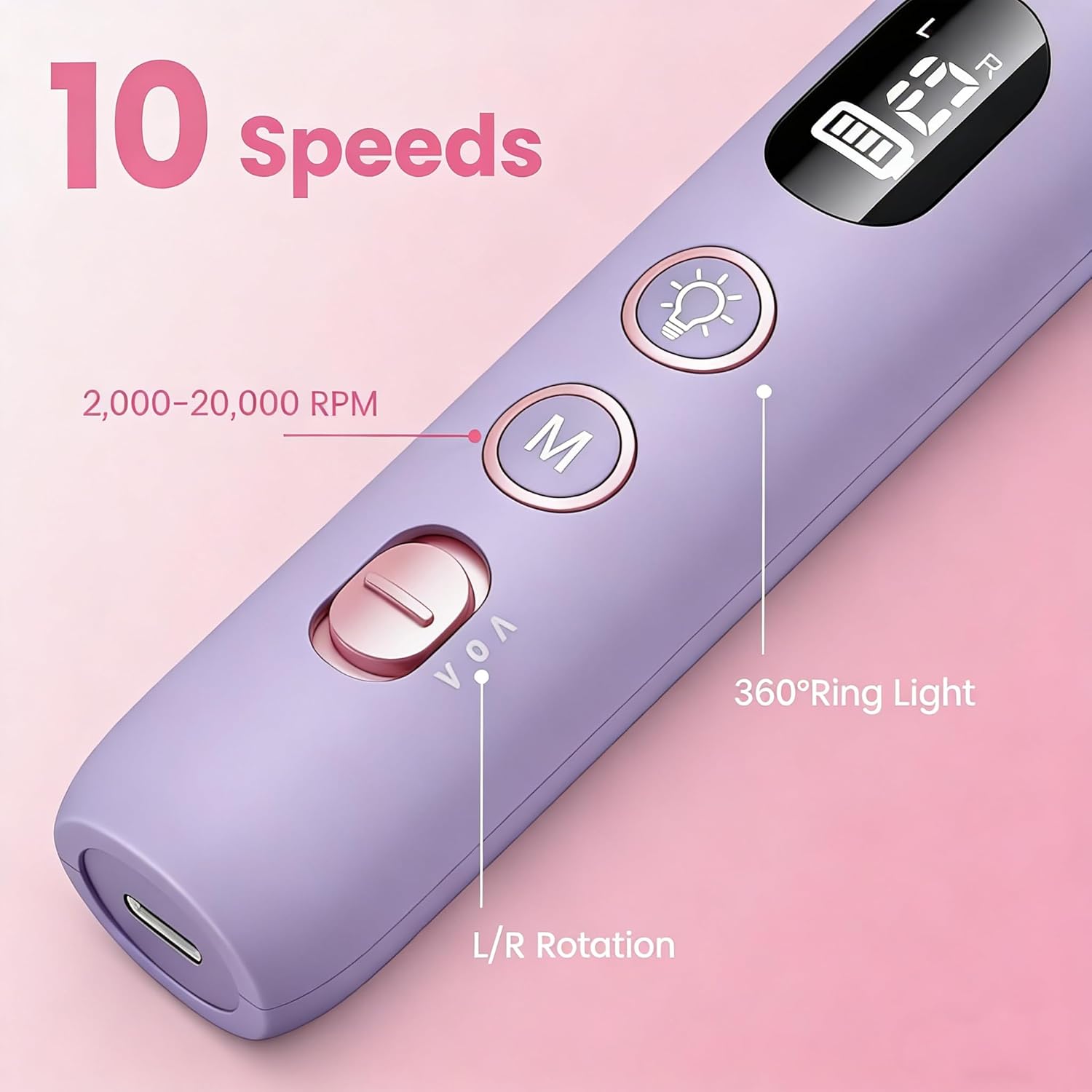 Electric Nail Drill,Purple Electric Nail File with 10 Speeds,10 Bits & LED Light,for Acrylic Nails,Gel Polish Removal,Thick Toenails–Beginner-Friendly