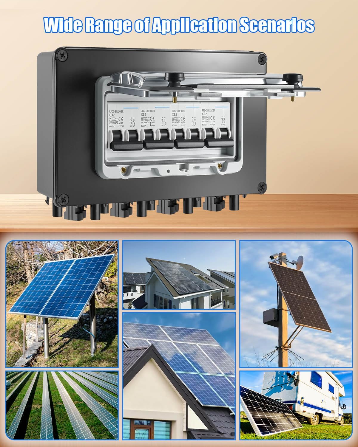 32A Solar DC Leistungsschalter Box 4 Strings, 12-1000V Solarpanel Trennschalter mit MC4 Steckern, IP67 Wasserdicht PV-Unterbrecher mit transparenter Abdeckung für Gitter/Off-Grid Systeme RV PV Array