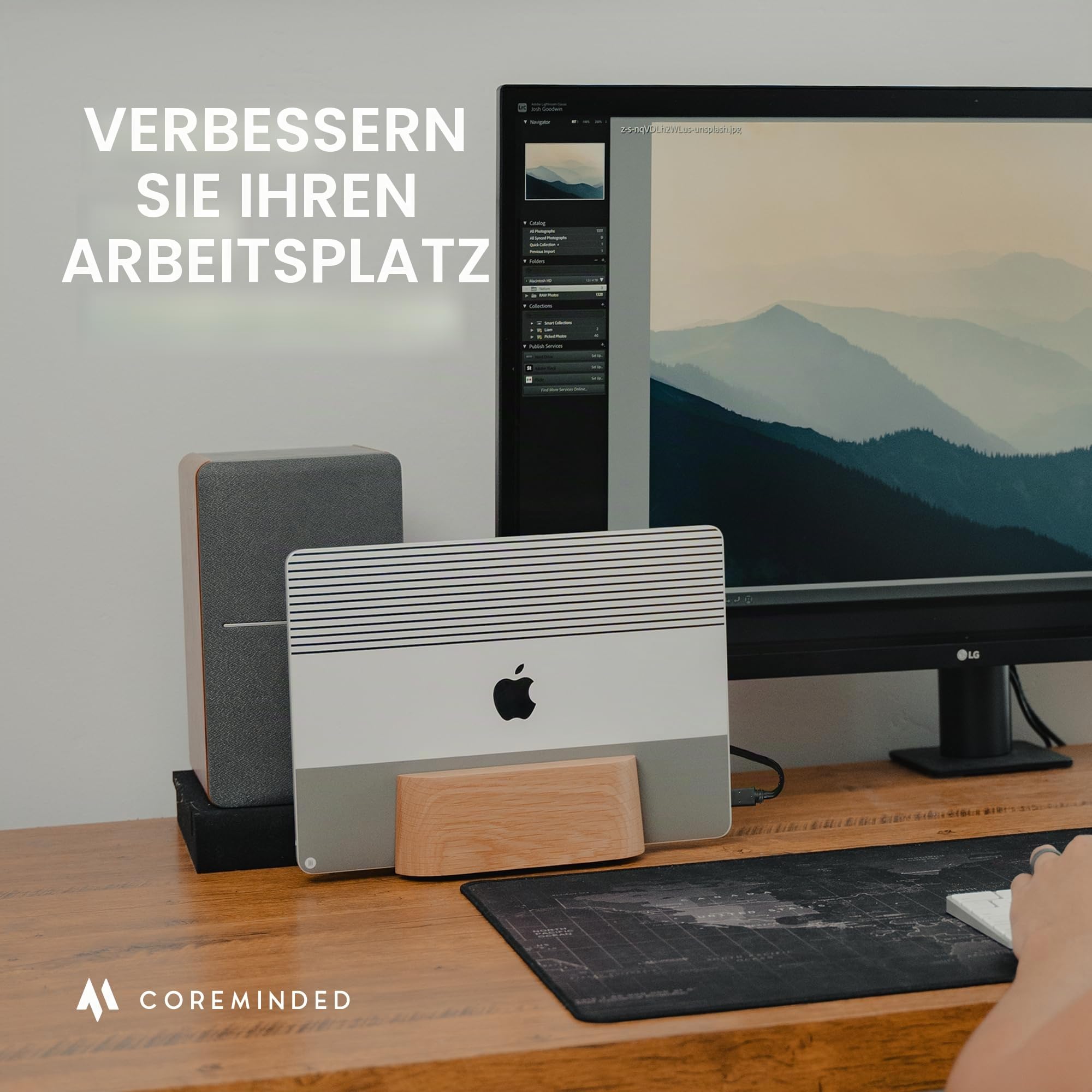 COREMINDED Verstellbarer vertikaler Laptopständer für Schreibtisch, Laptophalter aus Holz, MacBook Pro Ständer, Holz Mac Air Dock (massive Eiche)