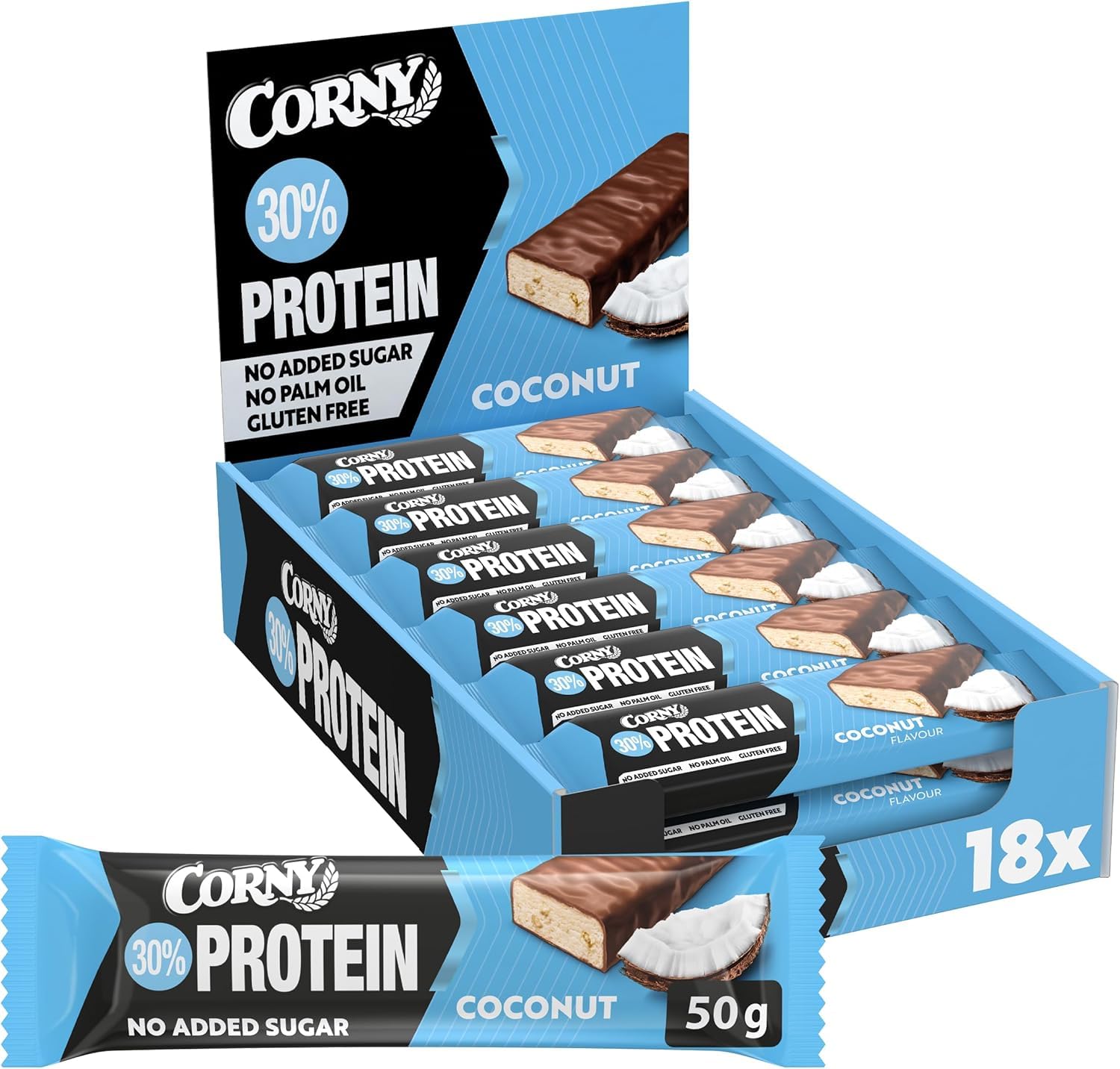 Barres protéinées, Corny Protein,Chocolat et Coco,13,5 gr de protéines, 0% de sucres ajoutés, Pack de 18x50g, Taste the Power