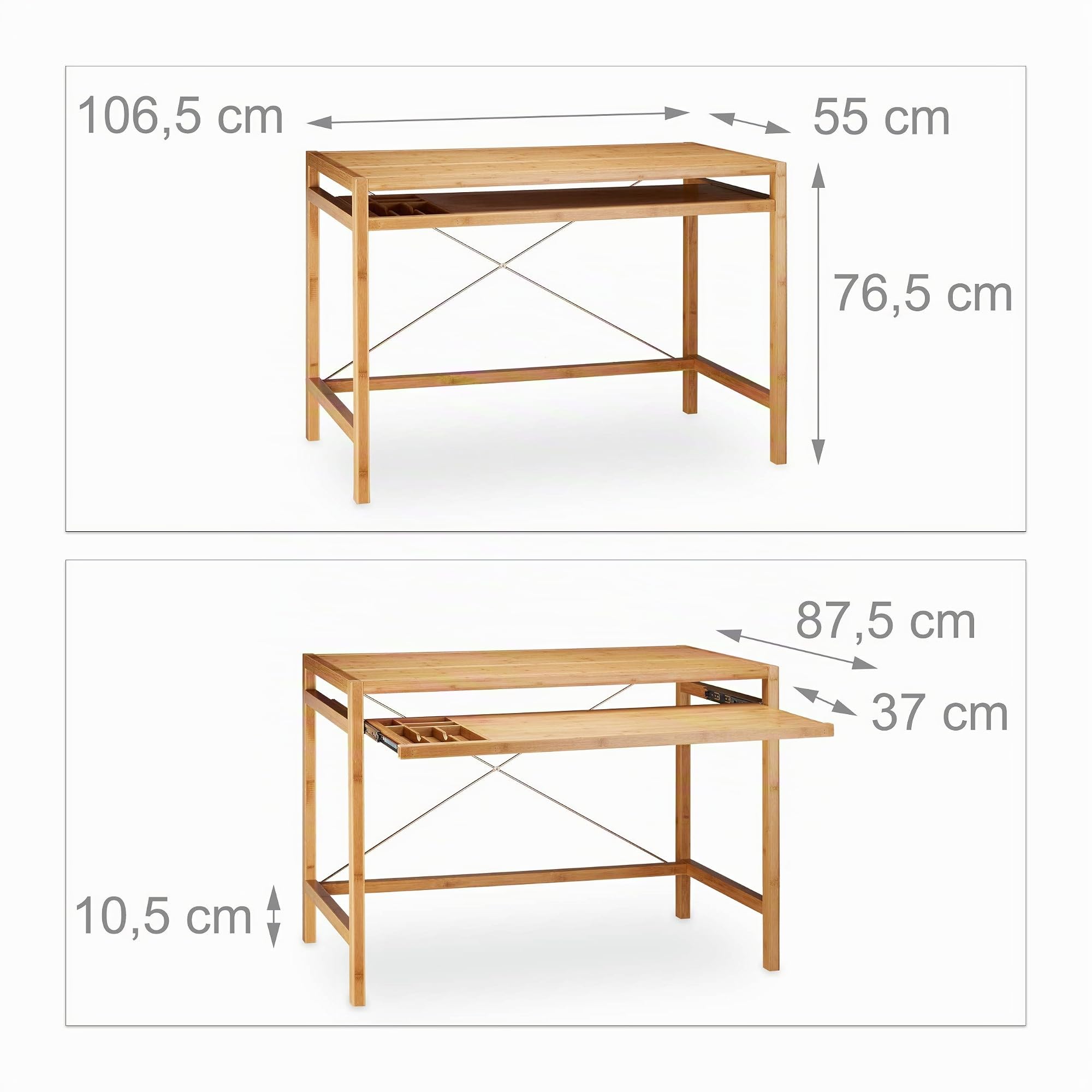 Relaxdays Computertisch Holz, Tastaturauszug, Bürotisch ausziehbar, Schreibtisch massiv, HxBxT: 76,5x106,5x55,5cm, natur, 55.4 x 106.5 x 76.5 cm