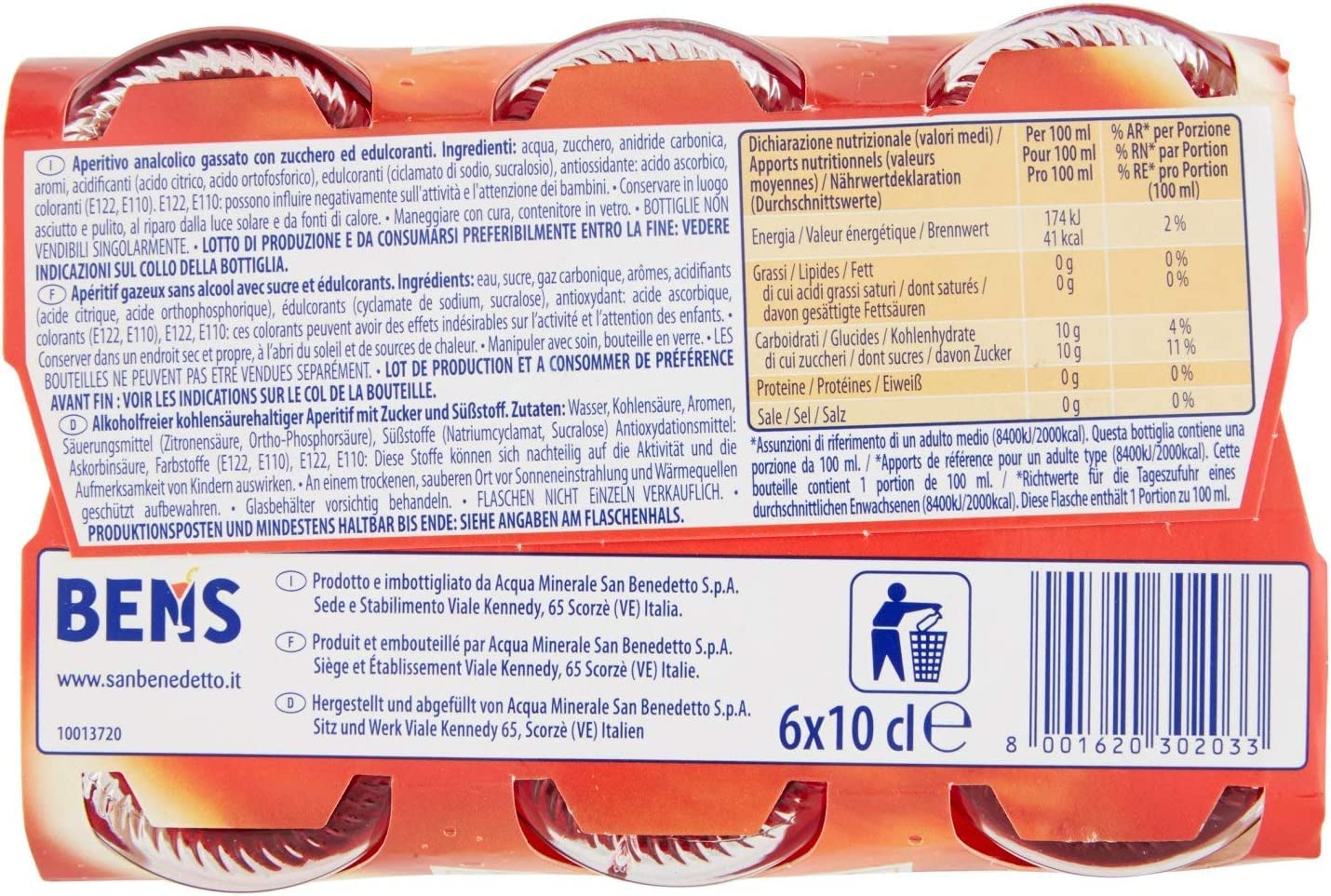 San Benedetto Ben's Lot de 48 apéritifs amers sans alcool apéritif 100 ml