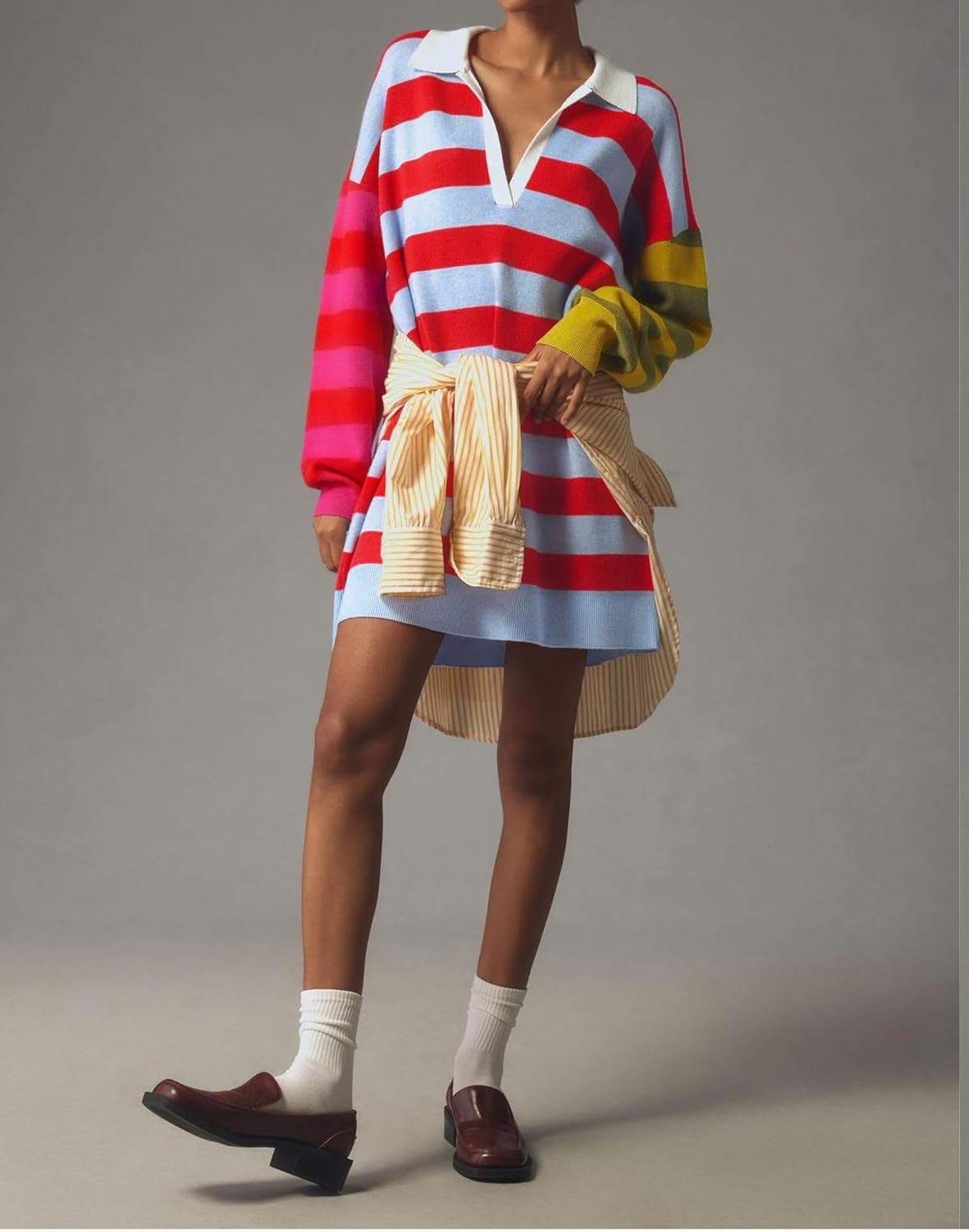 LifeShe Women's Striped Sweater Dress Long Sleeve V Neck Oversized Pullover Sweaters Fall Outfits - Image 3