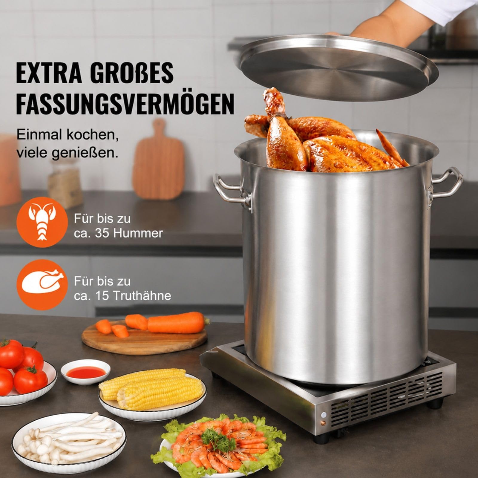 Edelstahl Kochtopf 39,7 L mit Deckel und Griffen, großer Suppentopf für Restaurant, Veranstaltung und Gewerbeküche
