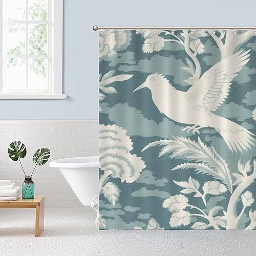 Miniatura 208 de Cortinas de ducha de baño con ganchos, 72 x 92 pulgadas, cortina de ducha de tela impermeable con diseño de flores y pájaros, cortina de ducha