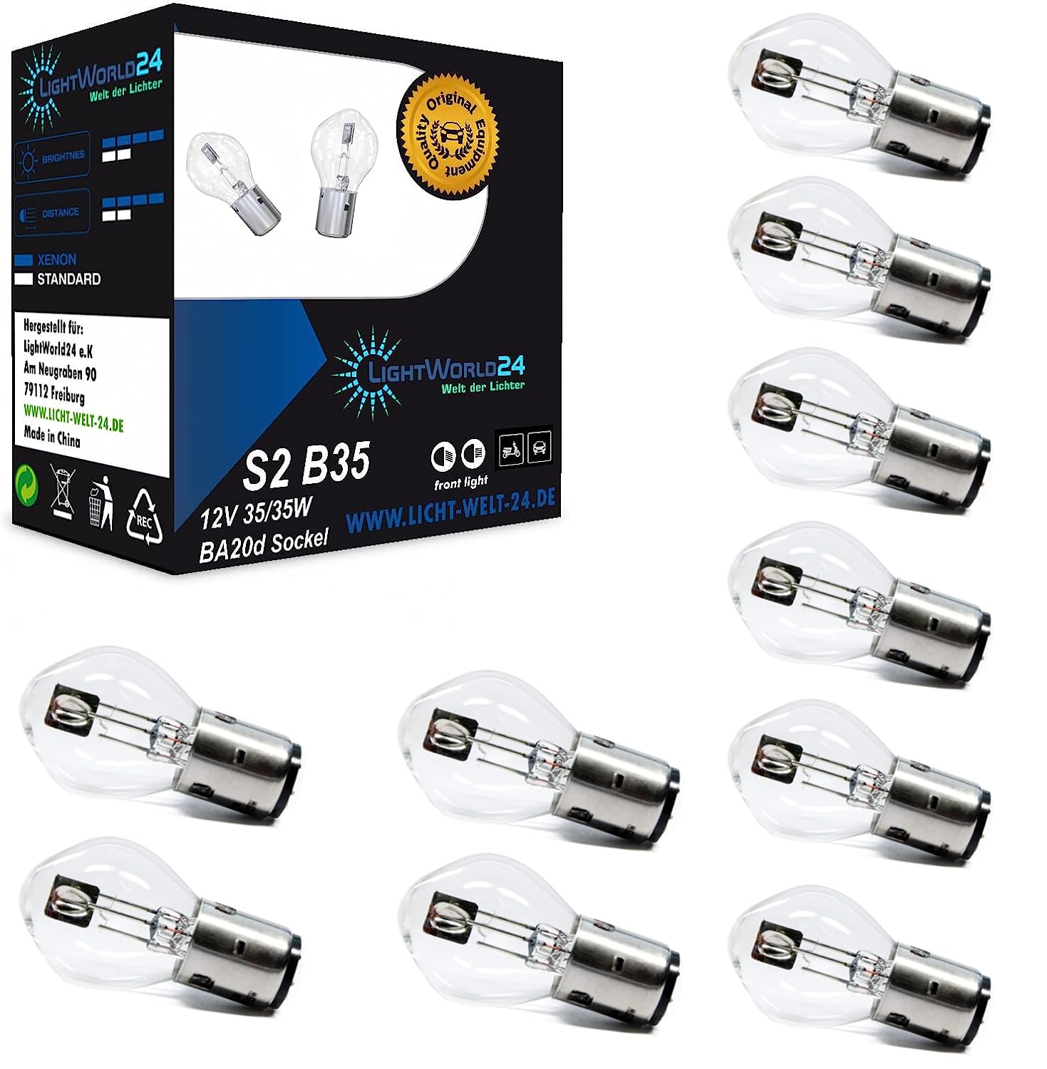 LIGHTWORLD24 10 unidades BA20d S2 35/35W 12V bombillas halógenas para motocicleta – luz de carretera y cruce súper brillante – faro delantero para scooter, ciclomotor, moto, lámpara Bilux