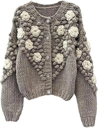 Women Thick Flower Crochet Knit Cardigans Long Sleeve Single Breasted Loose Streetwear Sweaters