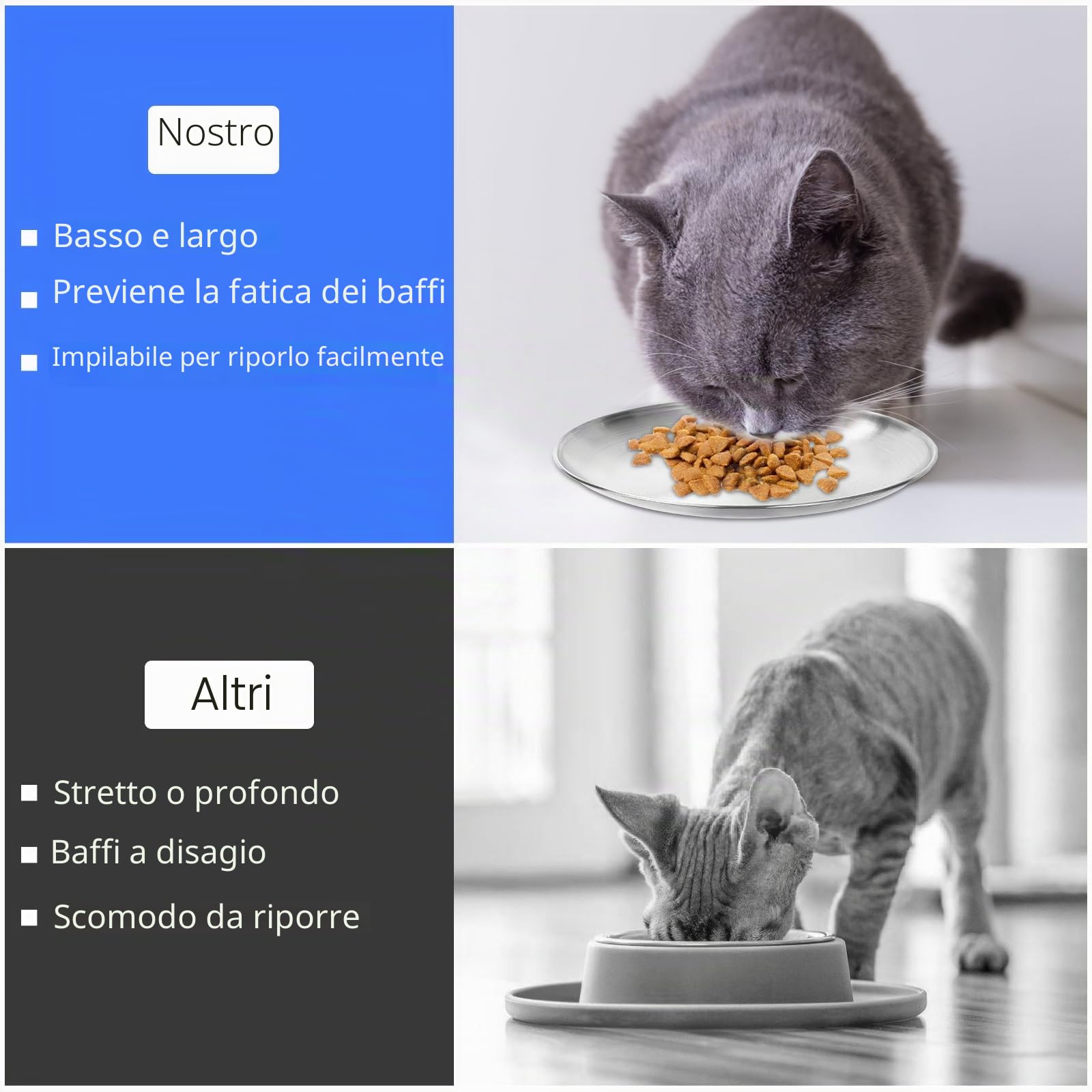 3 ciotole piatte per gatti in acciaio inox 14 cm Surefeed a prova di caduta