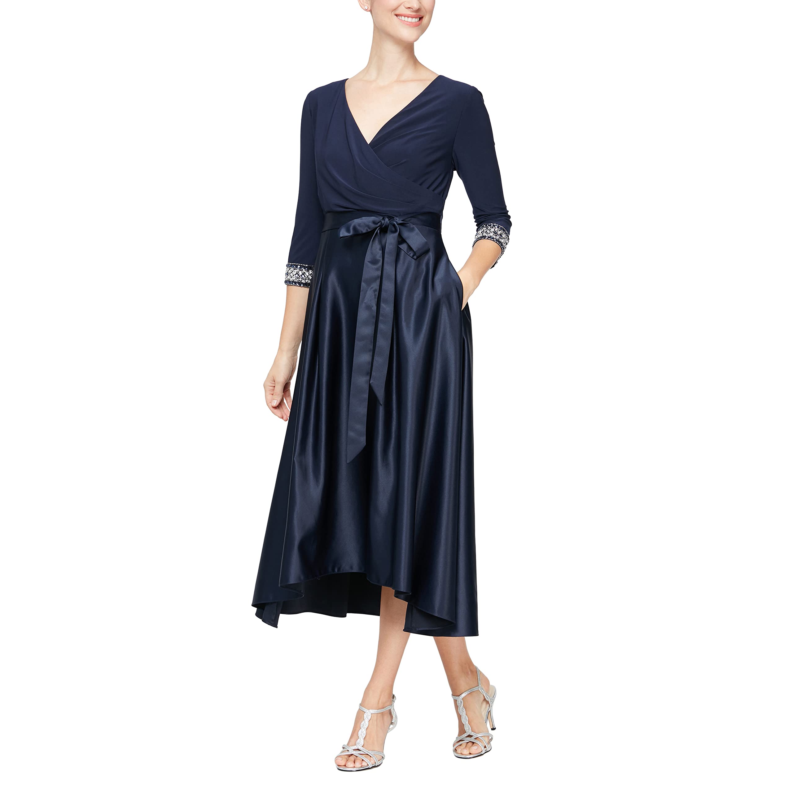 Alex Evenings Women's Satin Ballgown Formal Event Dress with Pockets and Tie Belt (Petite and Regular Sizes)