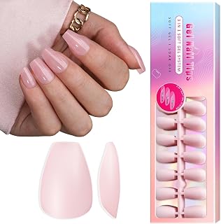 Pink Soft Gel Nail Tips Short Coffin Pre-colored Gel Tips Short Press on Nails Pre Applied Tip Primer Natural Acrylic Fake Nails Extensions for DIY Nail, 300Pcs