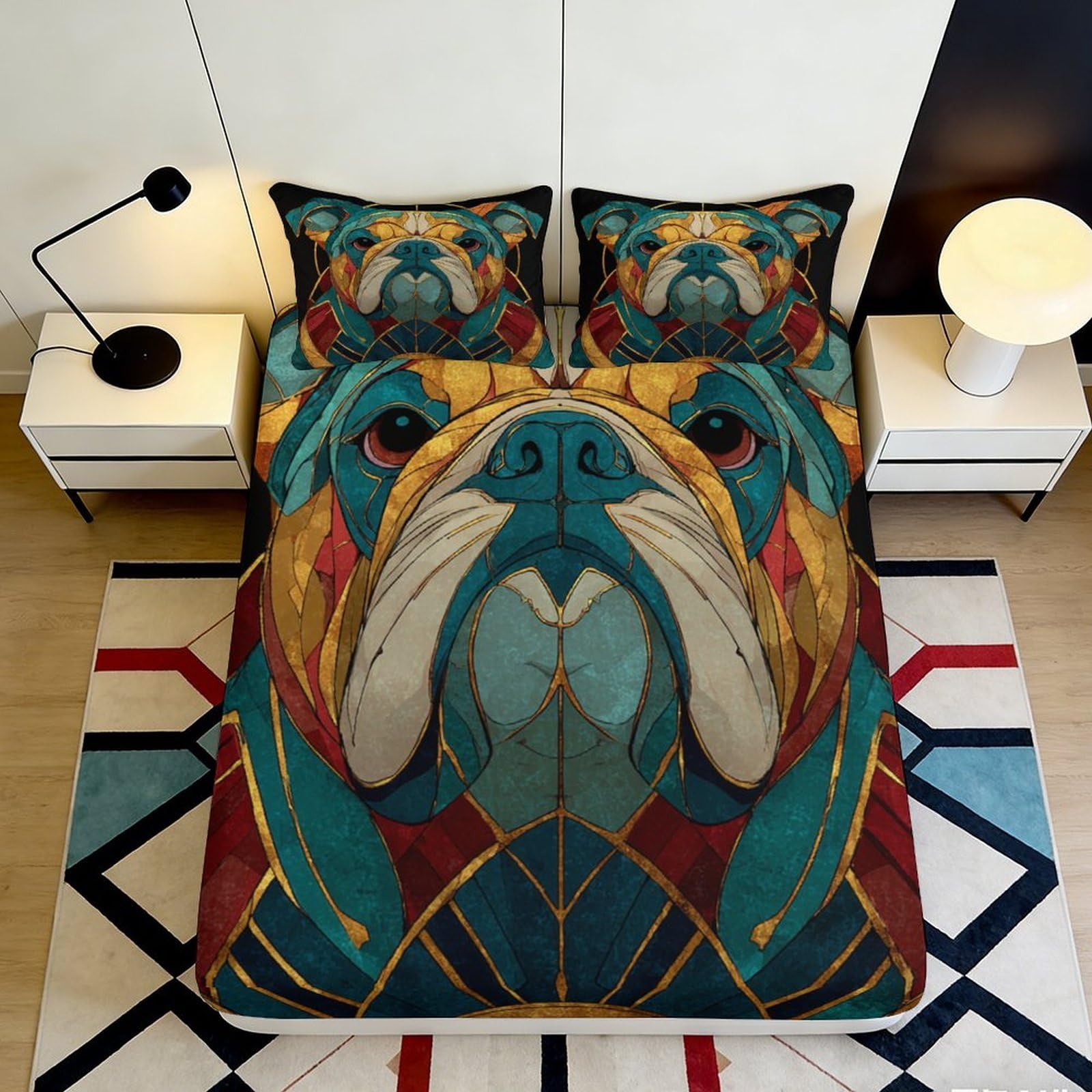 3D Printed Colorful Bulldog Fitted Sheet Microfiber Soft Breathable Geometric Dog Mattress Cover for Bedroom Dormitory Guest Room Protection Decor 120x200x25cm