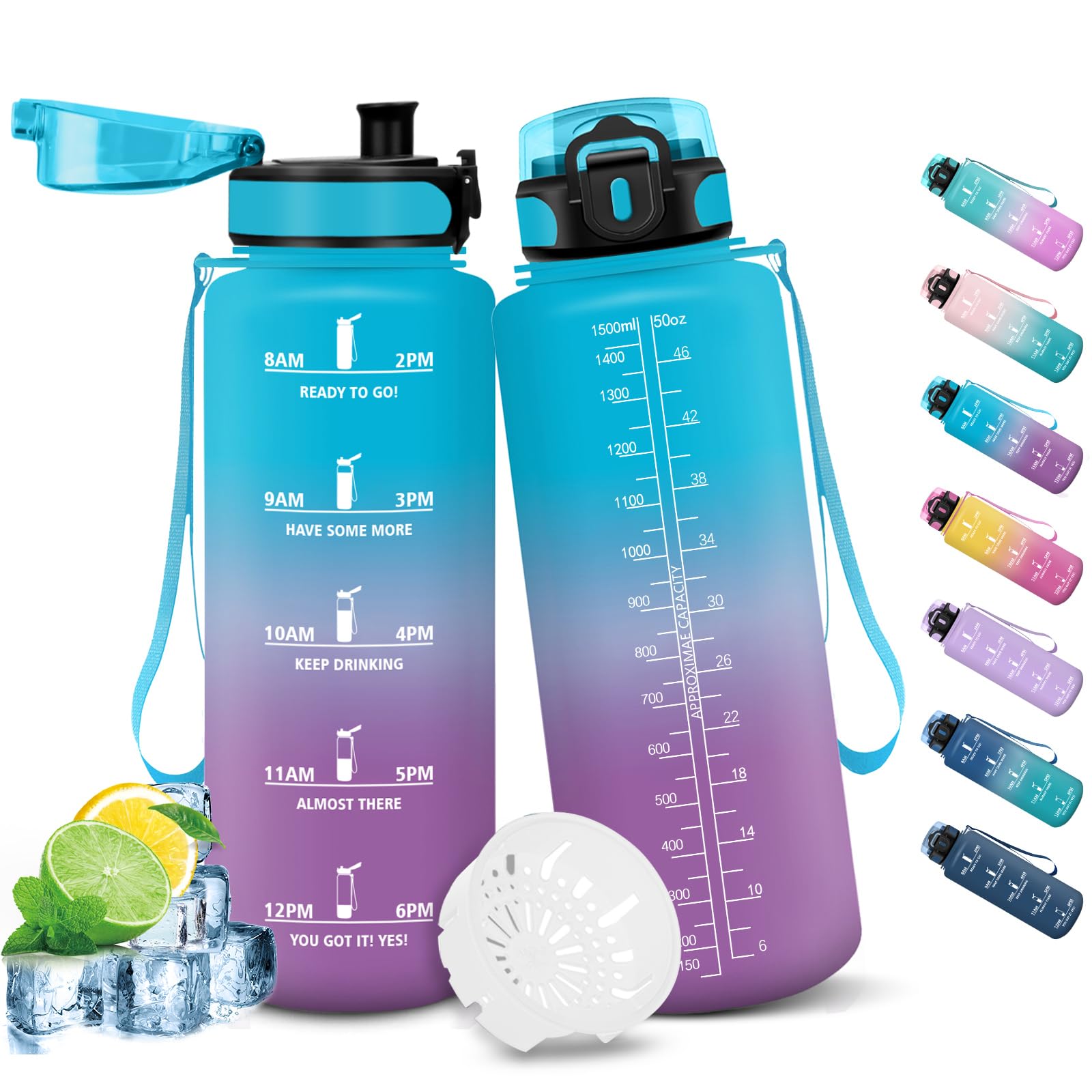 HoneyHolly Drinking Bottle 1500 ml, Leak-Proof with Time Marking, Water Bottle, Drinking Bottles with Filter, Suitable for Carbonated Drinks, Water Bottle for Hiking, Running, Cycling