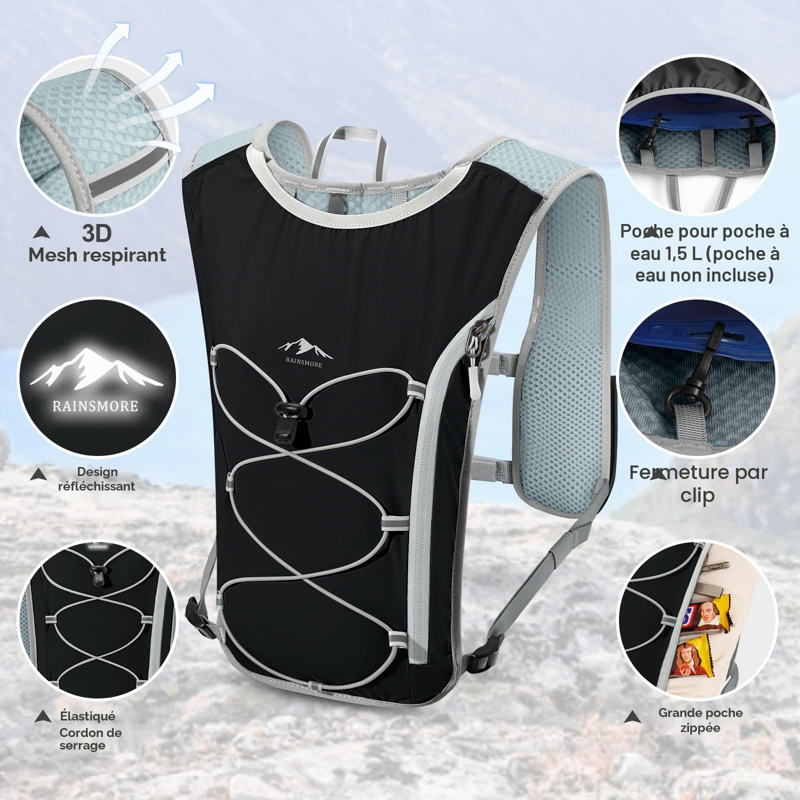 Gilet d'hydratation de Course pour Homme et Femme avec Bouteille d'eau de 500 ML Gilet de Course Léger Réfléchissant Sacs d'hydratation Trail 5L