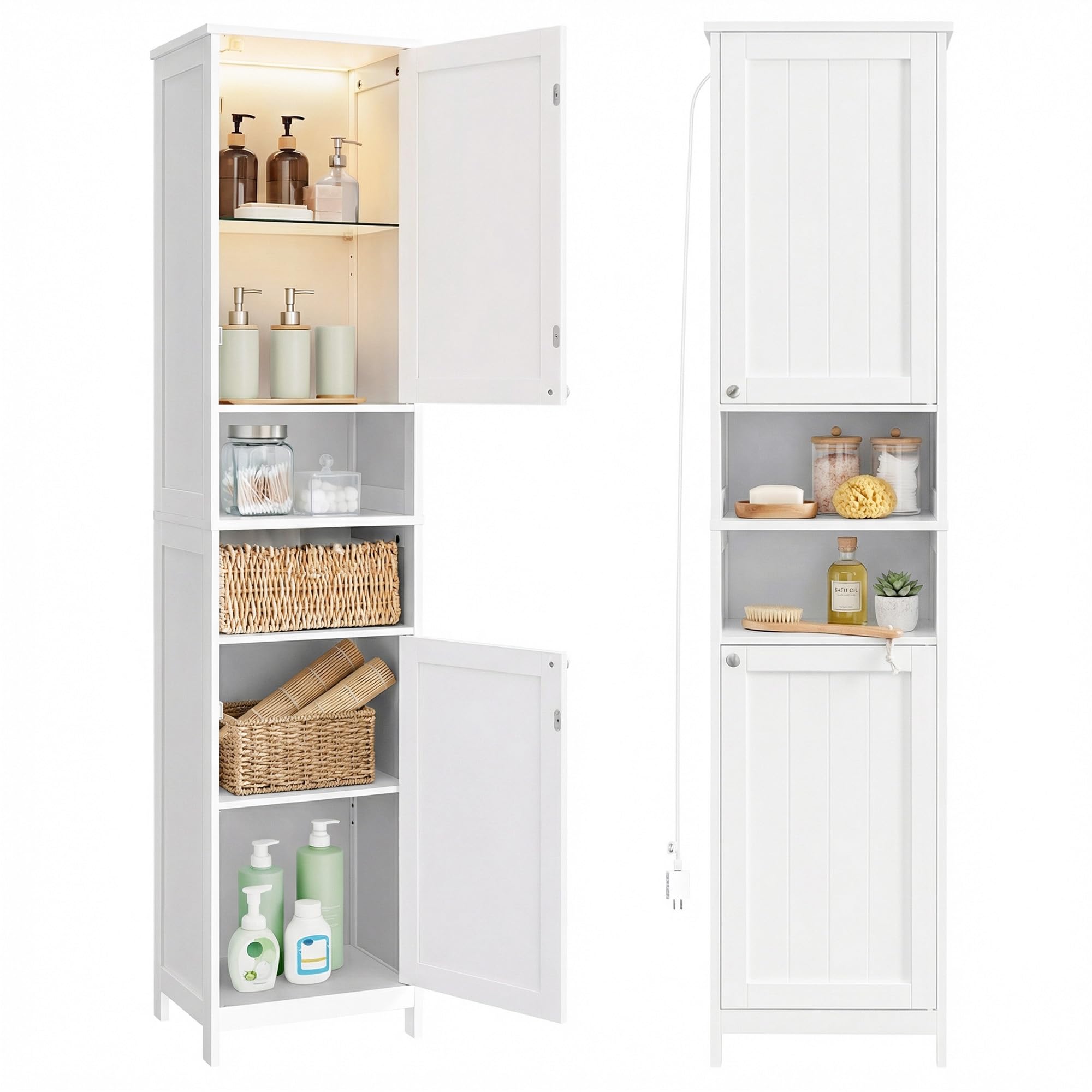 VASAGLE Tall Bathroom Cabinet with Lights, Slim Freestanding Bathroom Storage Cabinet with Adjustable Shelves, for Small Spaces, Modern, 15.7 Inches