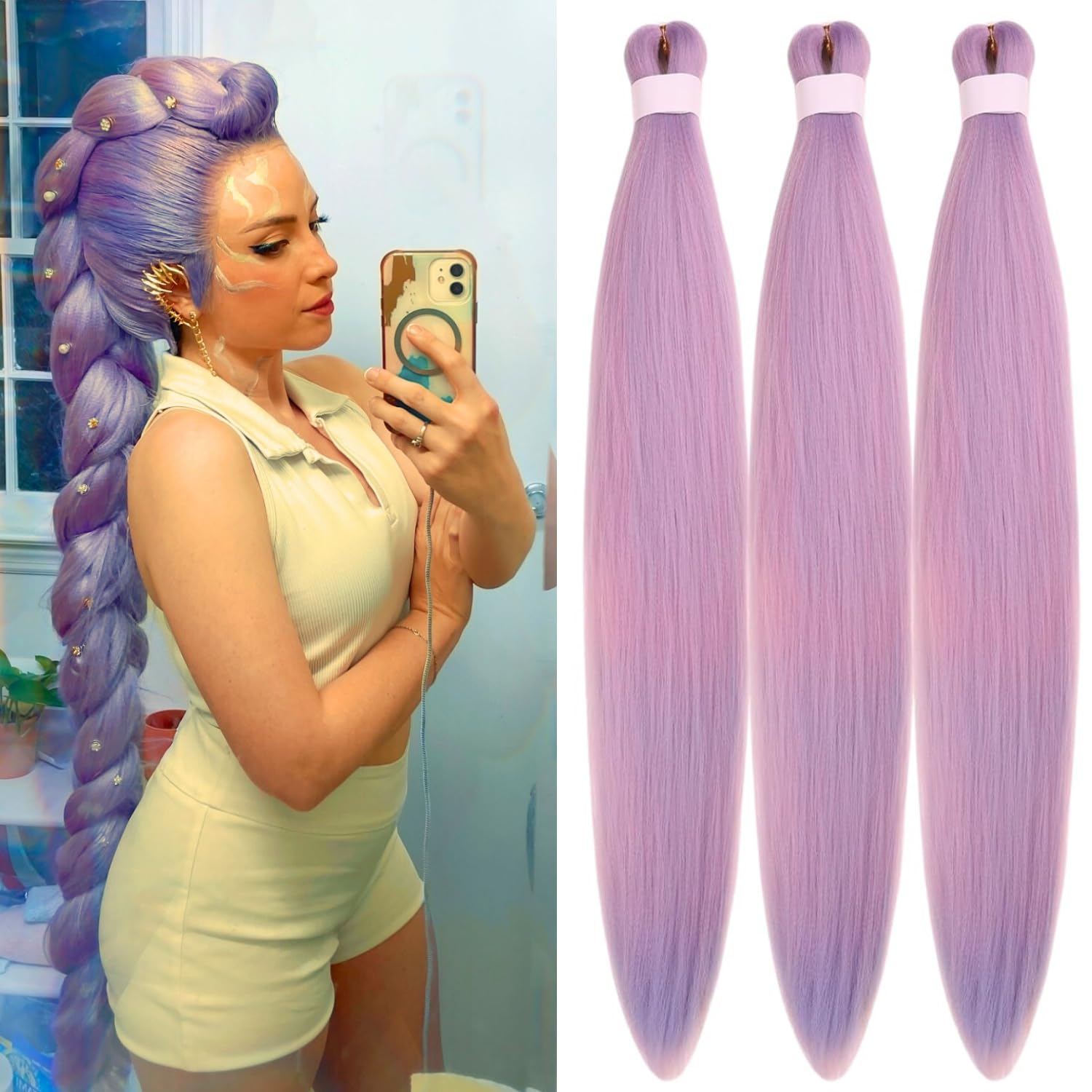 Pink Purple Braiding Hair Pre stretched Box Braiding Hair 3 Packs Synthetic Hair Extensions for Knotless Box Braids