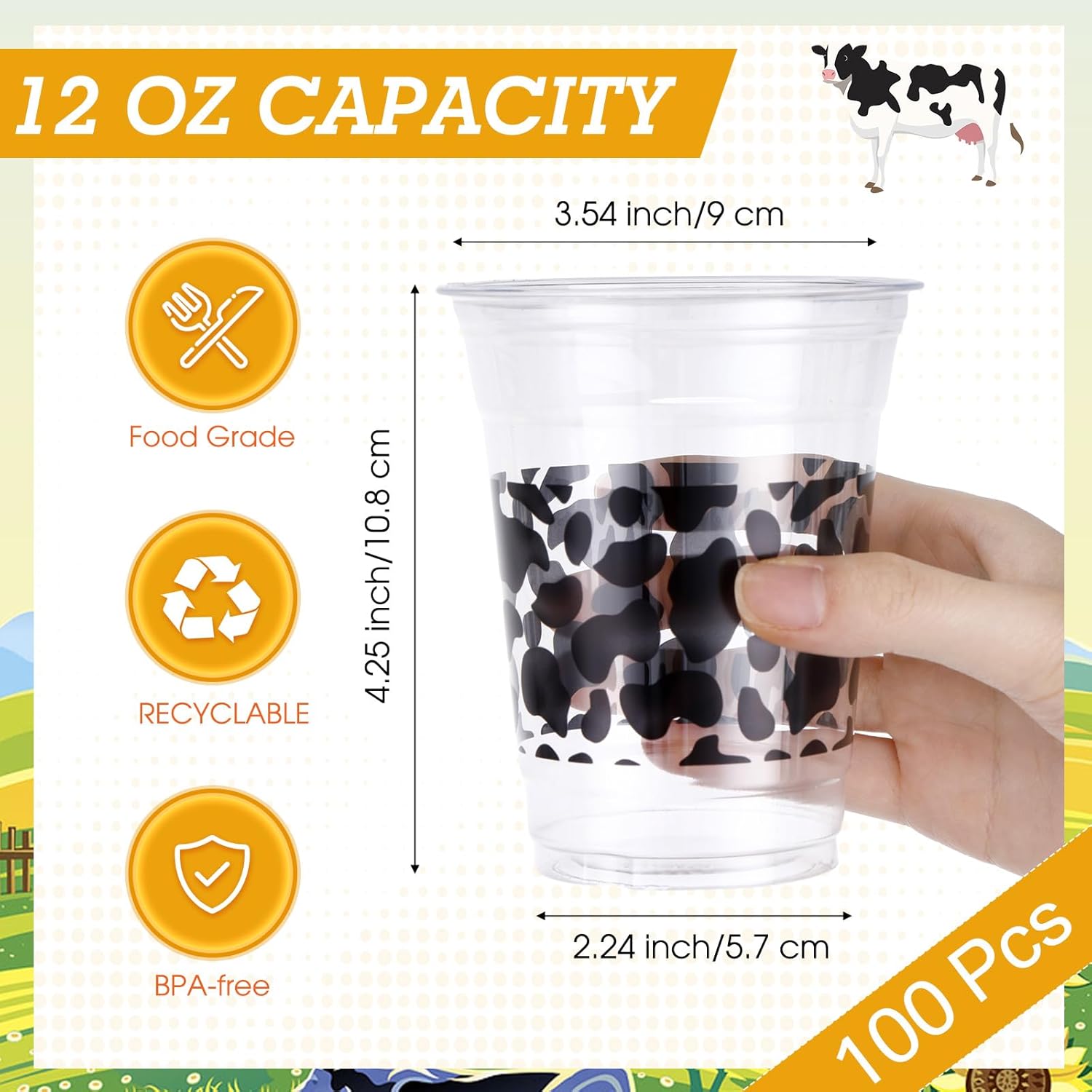 SiliFine 100 Pcs 12 oz Cow Party Plastic Cups Disposable Cups Cow Print Cups Clear Drink Disposable Cups for Cow Themed Party Supplies Decoration Birthday Baby Shower Camping Barbecue Indoor Outdoor