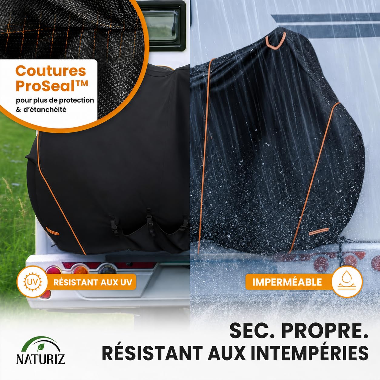 NATURIZ® Housse de protection pour porte-vélo arrière étanche et résistante - Housse de vélo avec corde de tension de 6 m - Housse de vélo pour 2 vélos - Ensemble de protection de transport pour