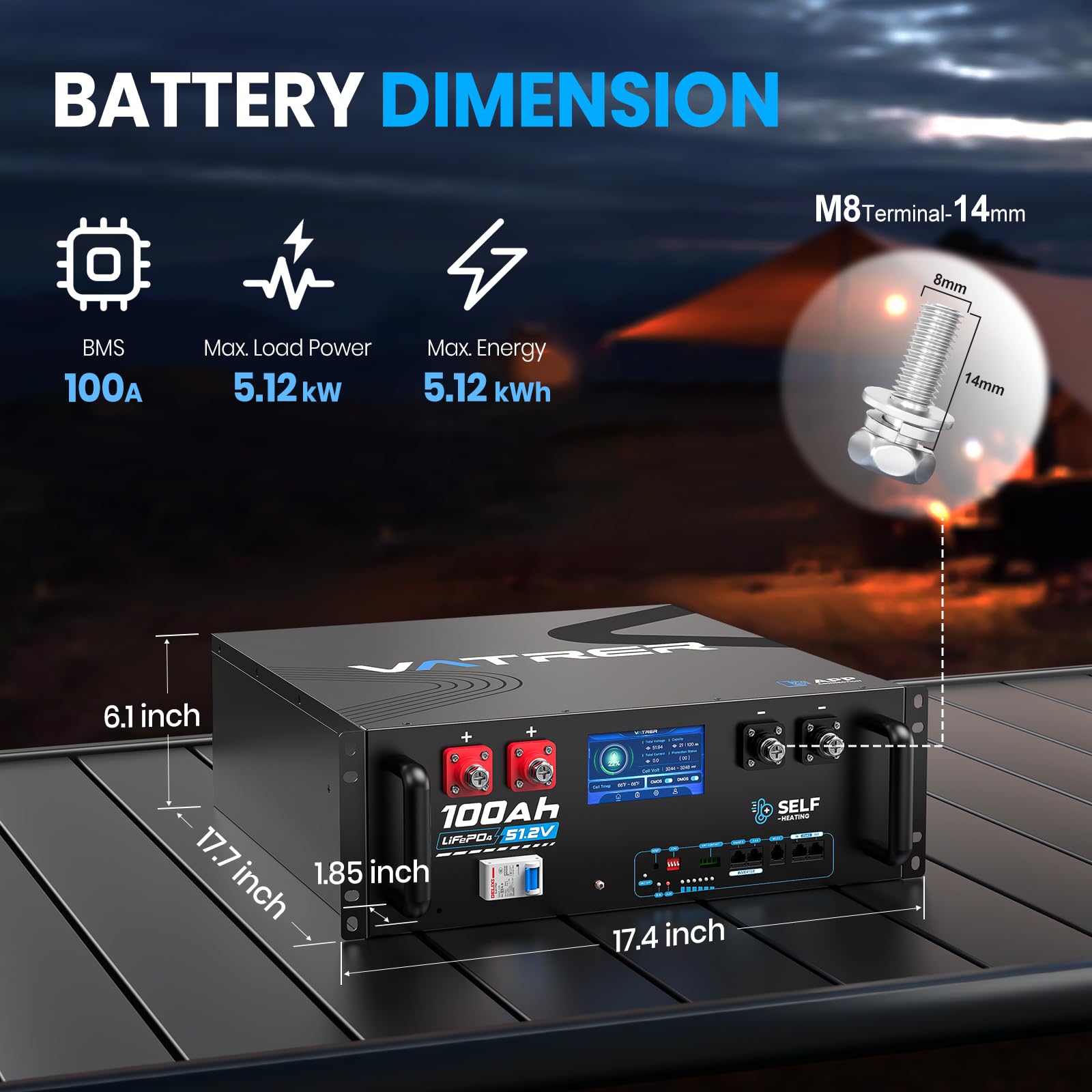 VATRER POWER Batteria LiFePO4 51,2V 100Ah CAN/RS485 Display Touch | BMS Smart 100A·5120Wh Energia Utilizzabile·5000+ Cicli·Accumulo Domestico,Fotovoltaico & Backup