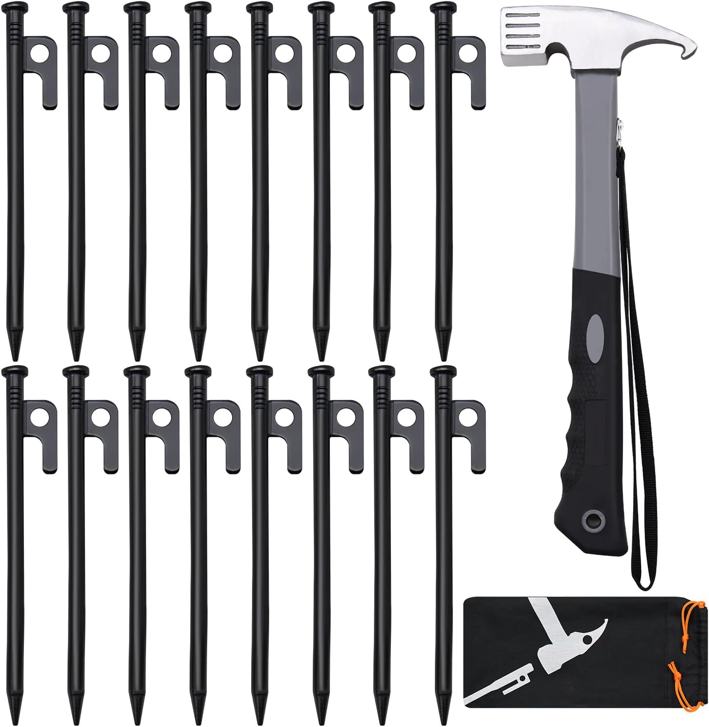 16pcs Tent Stakes and Hammer Set, 8in Heavy Duty