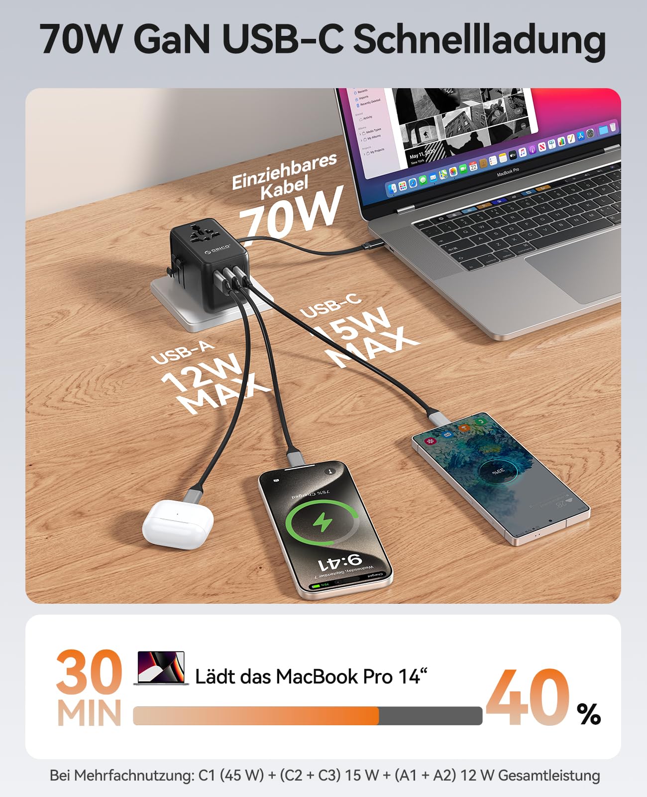 ORICO 70W GaN Reiseadapter mit Ausziehbarem Kabel, 7-in-1 Reisestecker, 3USB-C 2USB-A 2AC, 2 Sicherungen, Internationaler Adapter für Europa, UK, USA, Asien - UAX(Schwarz)