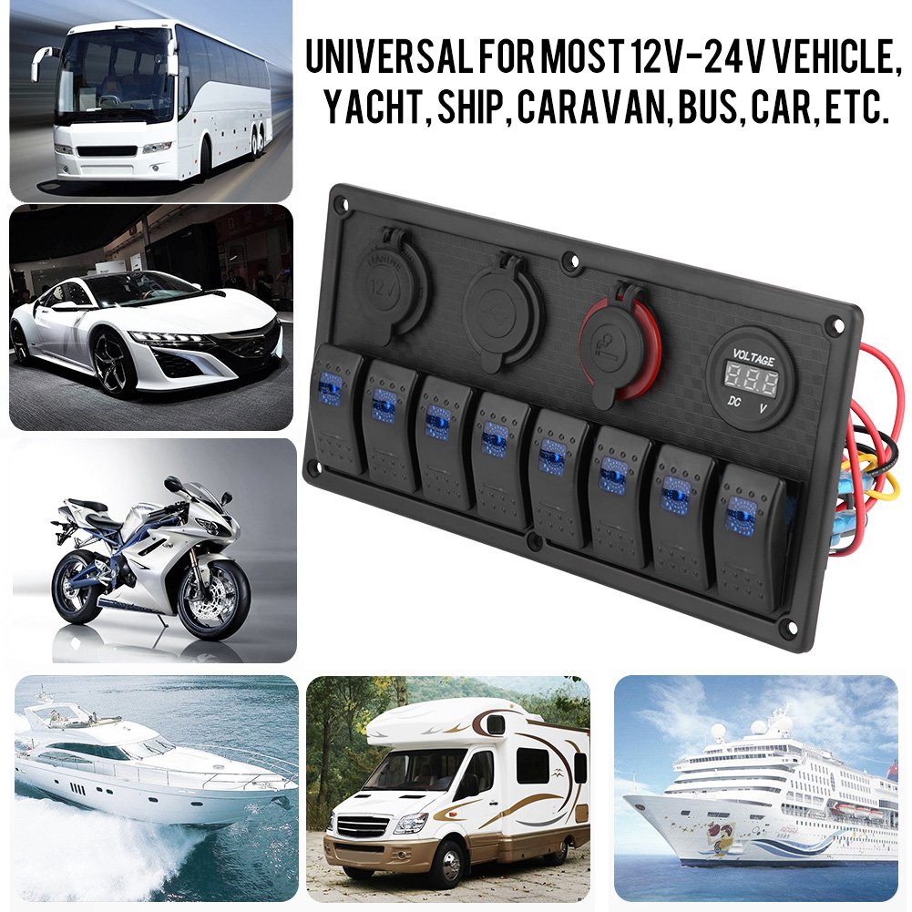 8 Gang Rocker Switch LED Control Panel Dual USB Voltmeter Cigarette Lighter SPST/ON-OFF Universal for all 12V-24V vehicle, yacht, ship, caravan, bus, car