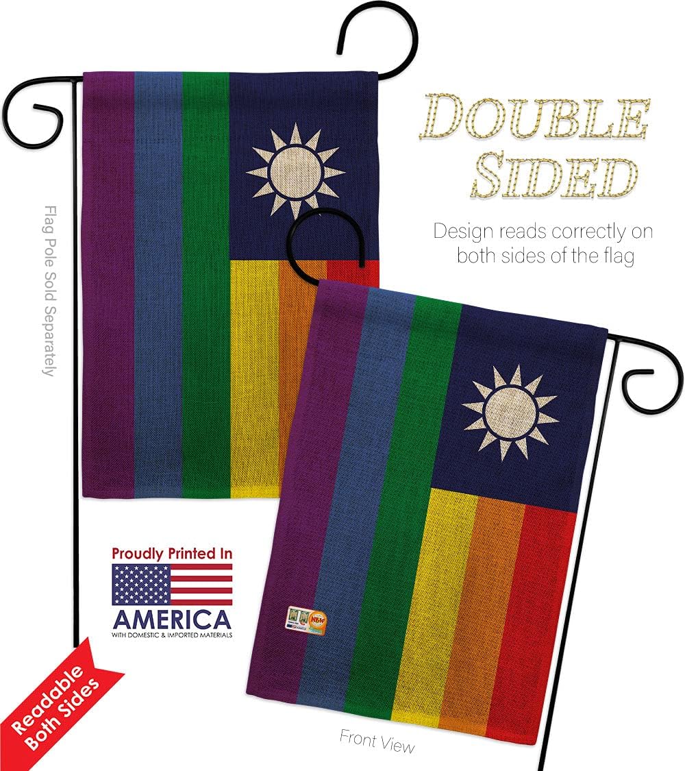 Taiwan Pride Burlap Burlap Garden Flag Set Wood Dowel Support Rainbow Love LGBT Gay Bisexual Pansexual Transgender Small Decorative Gift Yard House Banner Double-Sided Made In USA 13 X 18.5