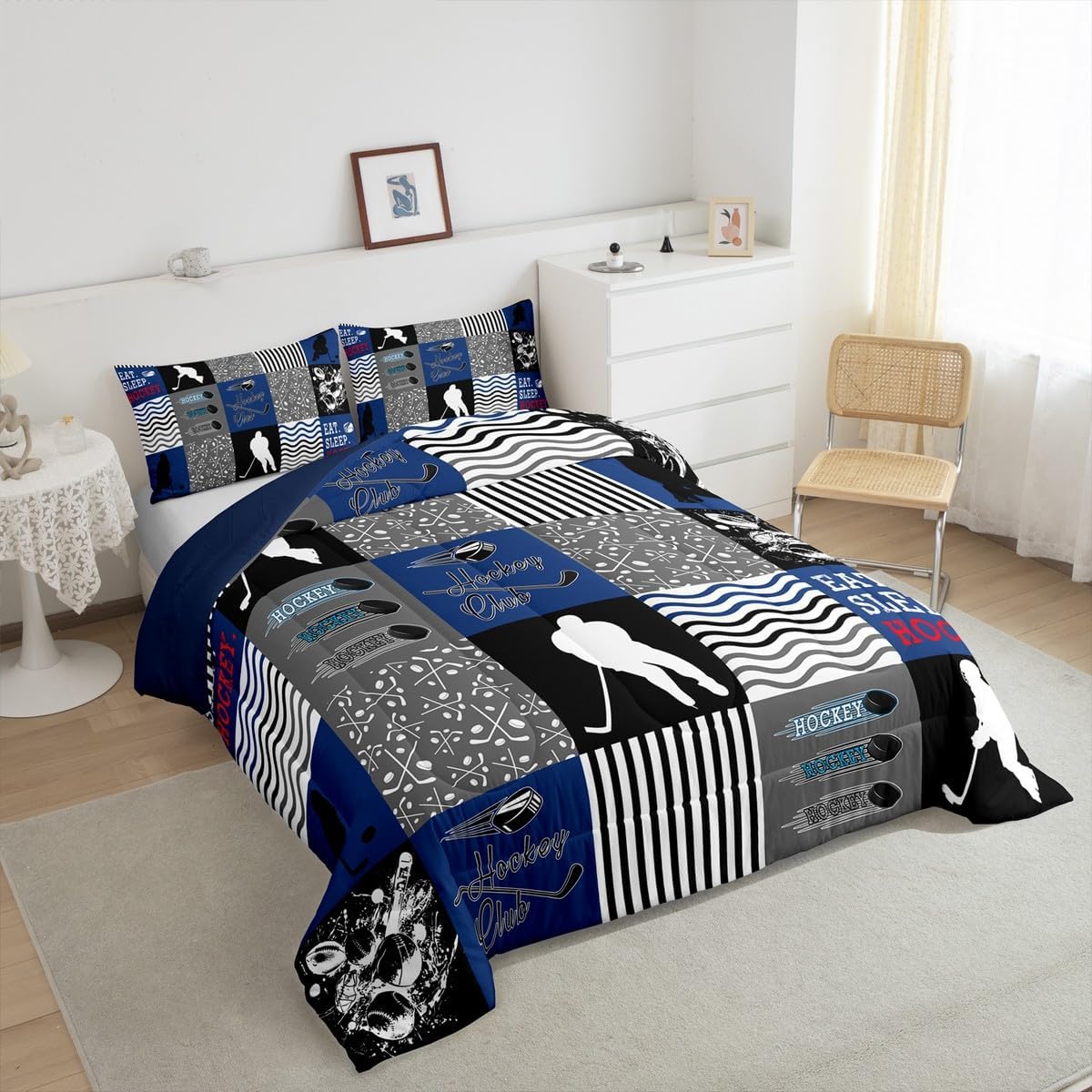 Feelyou Ice Hockey Comforter Set for Kids Boys Girls Twin Size Hockey Player Bedding Set Ultra Soft Blue and Gray Duvet Quilt Sports Theme Duvet Bedroom Decor Sports Lovers