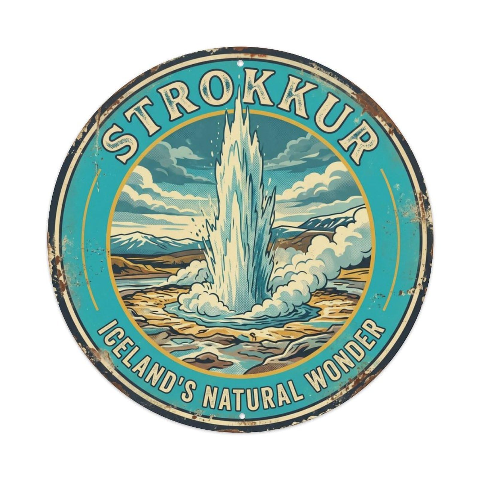 Vintage Travel Strokkur Iceland Geyser Metal Tin Sign Plaque Wall Decor for Cafe, Club, Garden Round Metal Poster 8x8Inch