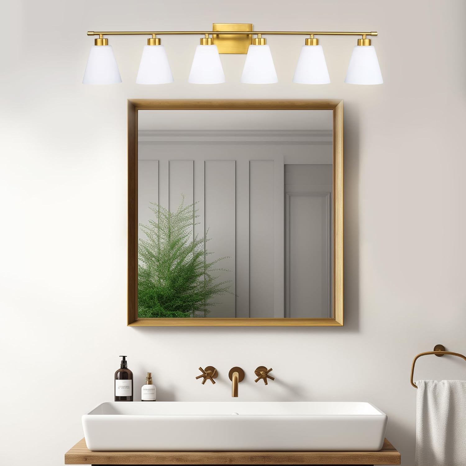 Hamilyeah 6 Light Bathroom Vanity Light Gold, 45 inch Gold Bathroom Vanity Lighting Fixtures Over Mirror with Milk Glass Shade, 6 Bulb Light Fixtures Over Mirror