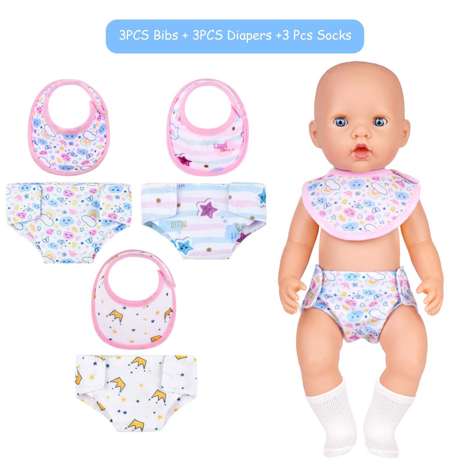 Aolso Bavaglini e Pannolini per Bambole, Set di 9 Accessori per Bambole Bavaglini e Pannolini in Tessuto per Bambole, Calzini per Bambole, Lavabile, Riutilizzabile, Idee Regalo per Bambini