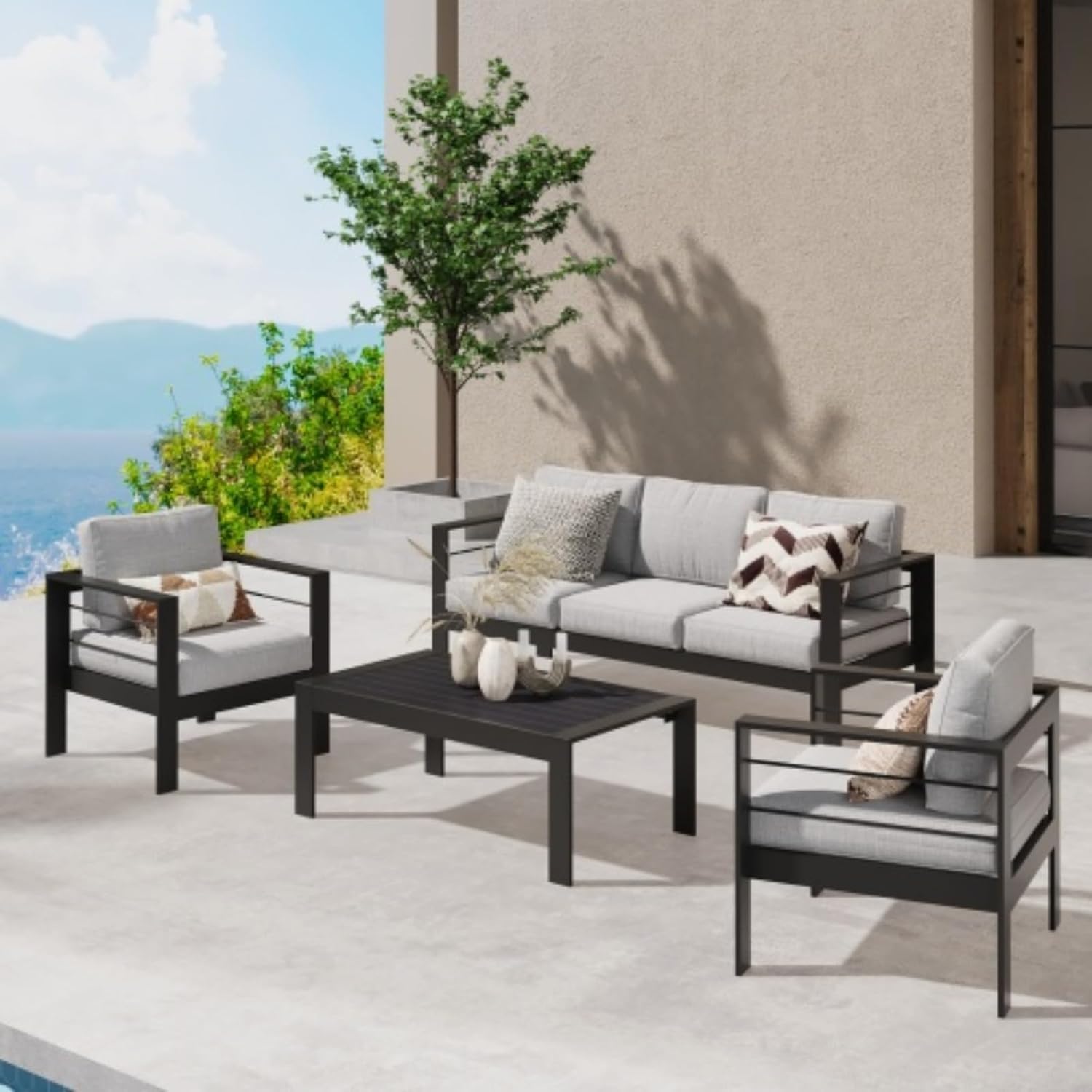 Outdoor 2-Piece Sofa Set, Patio Sofa, Patio Furniture Sofa, All-Weather Metal Aluminum Frame, 5-inch Thick Cushions, Easy Care, Easy Assembly, Light Gray