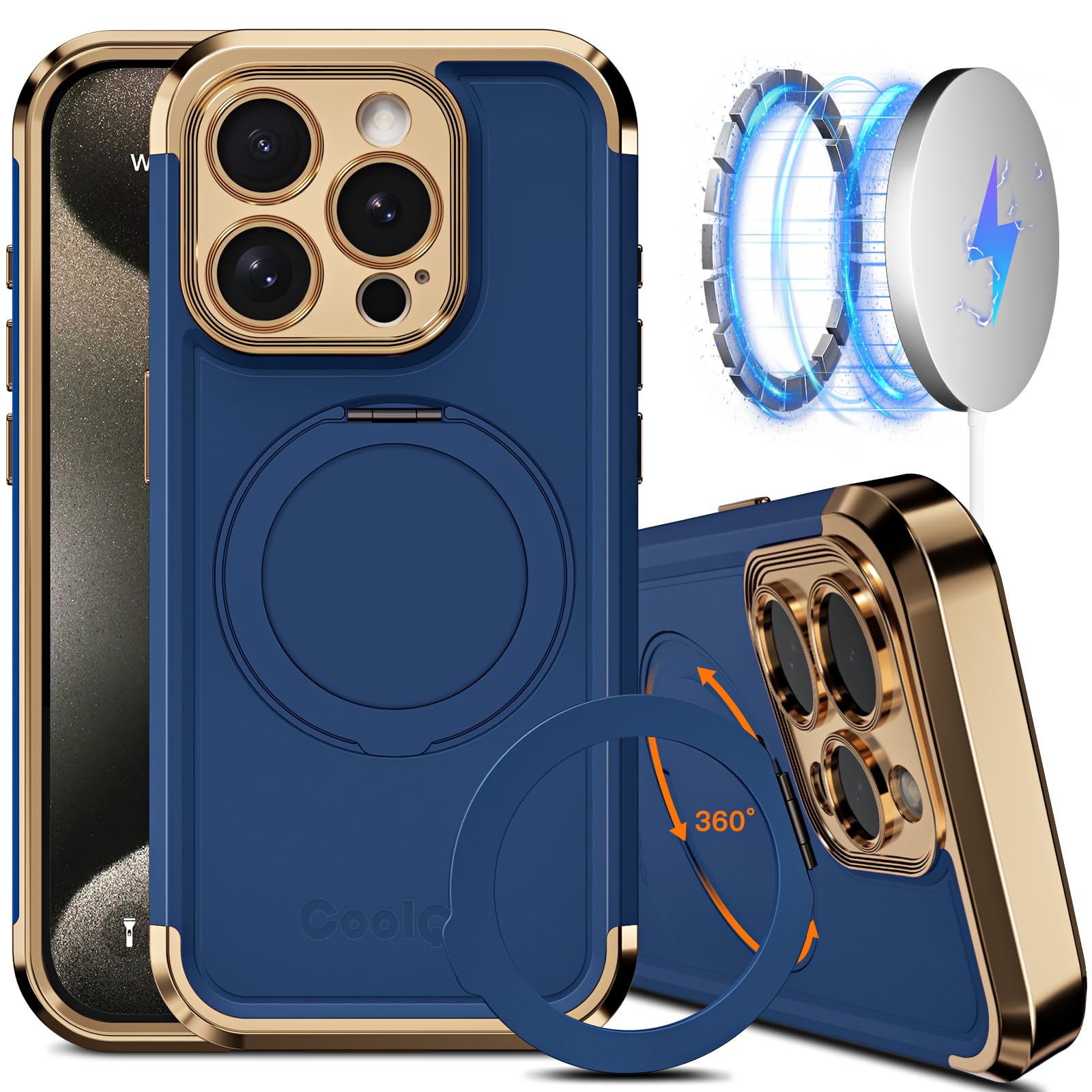 COOLQOfor iPhone 15 Pro Max Case 6.7'' Upgraded 360° Spin Magnetic Stand [Compatible with Magsafe][Military Protection] Shockproof Protective Phone Holder Cover for iPhone 15 Pro Max, Blue Gold
