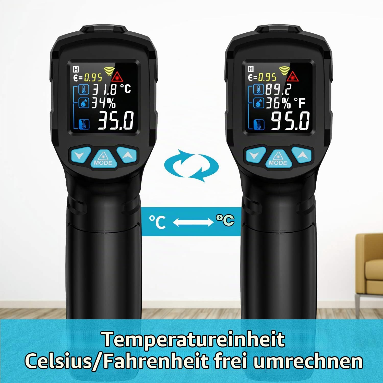 Infrarot Thermometer MESTEK Temperaturmessgerät Digital Laser Thermometer IR Pyrometer Gun -50°C ~ 800°C Berührungslos mit Farbe lcd Einstellbarer Emissionsgrad Küche Grill Gefrierschrank Industrie