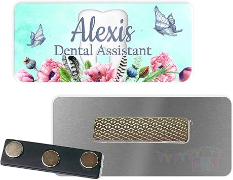 Dental - Teal Watercolor - Poppies - Personalized - Custom Name Tag - 1.25" x 3" 021NT