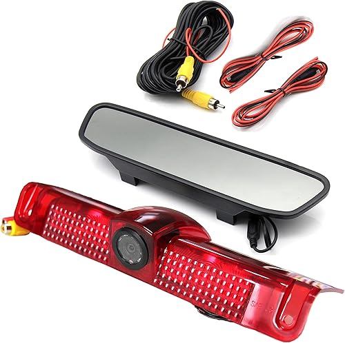RED WOLF Tercera tercera luz de freno cámara de respaldo con espejo retrovisor de 4 pulgadas Kit de monitor para Chevrolet Chevy Express/GMC Savana