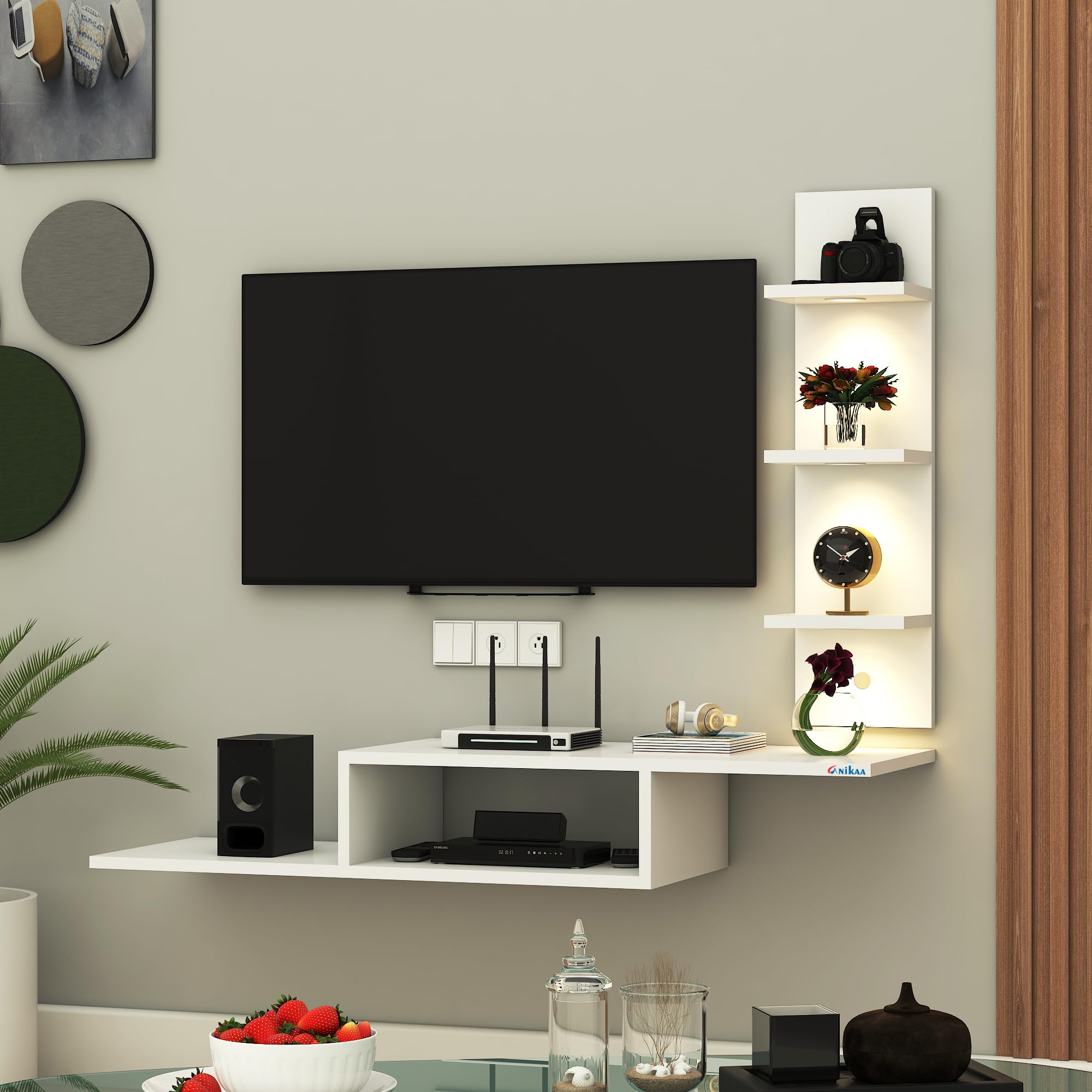 Anikaa Engineered Wood LED Light TV Unit Wall Mounted TV Unit TV Cabinet Wall TV Stand for Living Room, Set Top Box Stand - White (D.I.Y - Do-It-Yourself) Ideal for Up to 43" Inches