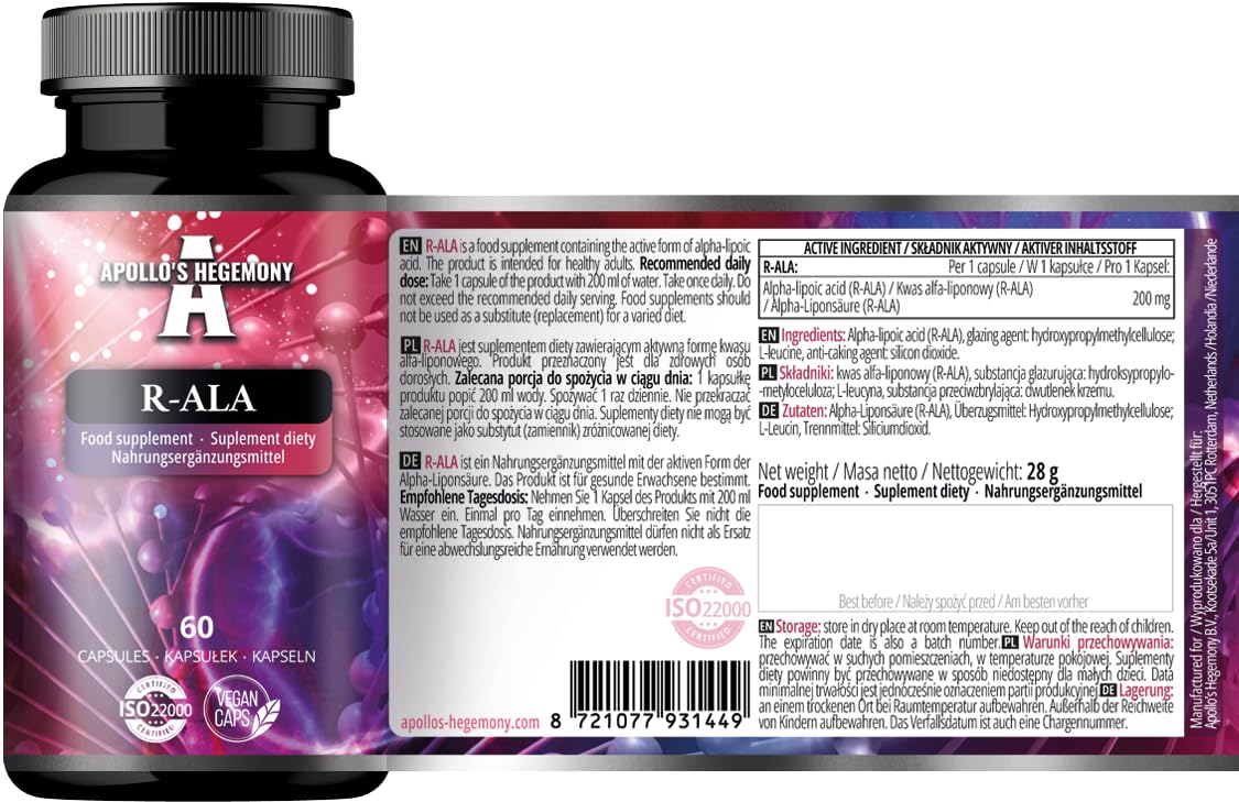 R-Alpha Lipoic Acid 200 mg par gélule - 60 gélules végétaliennes - 2 mois d'approvisionnement - Soutient le métabolisme du glucose et la santé mitochondriale - par Apollo's Hegemony
