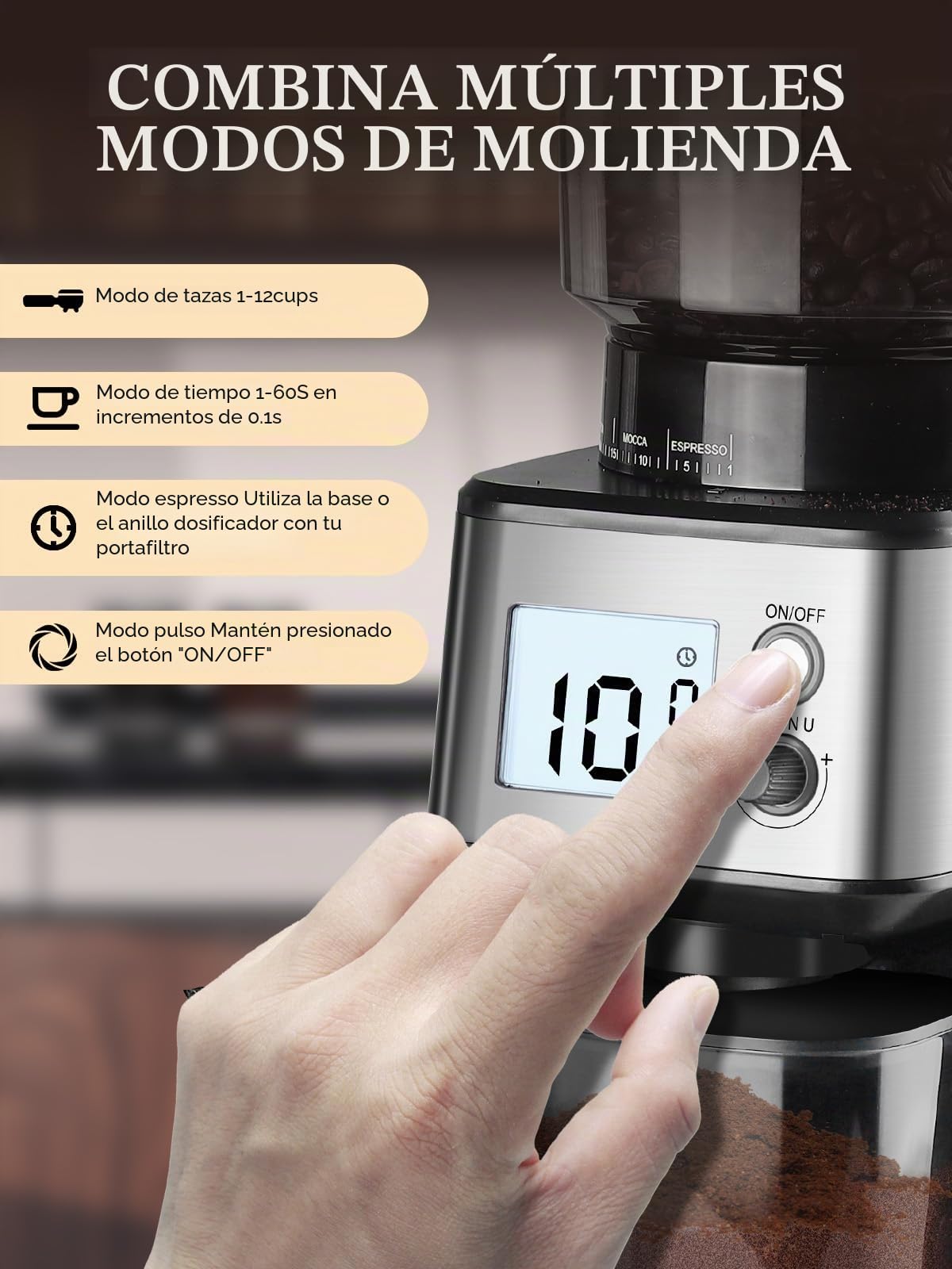 Homtone Molinillo de Café Eléctrico con Muela Cónica - Molino de Café con 51 Niveles de Molienda, Soporte Extraíble, Recipiente Incluido – Para Espresso, Café de Filtro, Cold Brew (Acciaio Inox)